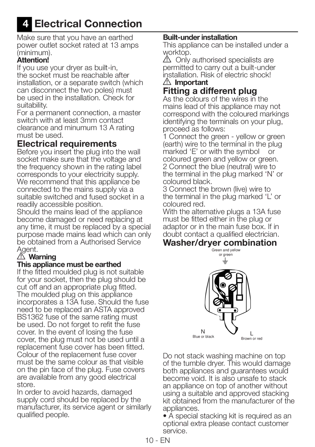 Beko DRCS 76 S manual Electrical Connection, Electrical requirements, Fitting a different plug, Washer/dryer combination 