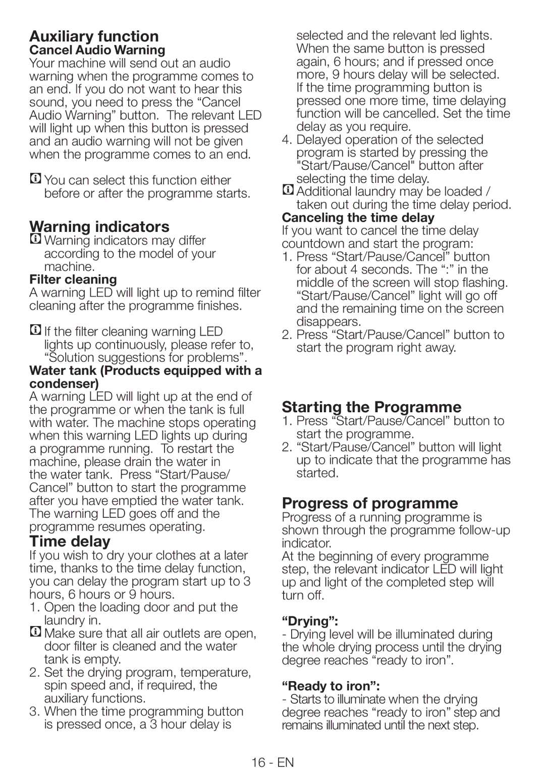 Beko DRCS 76 S, DRCS 76 W manual Auxiliary function, Time delay, Starting the Programme, Progress of programme 