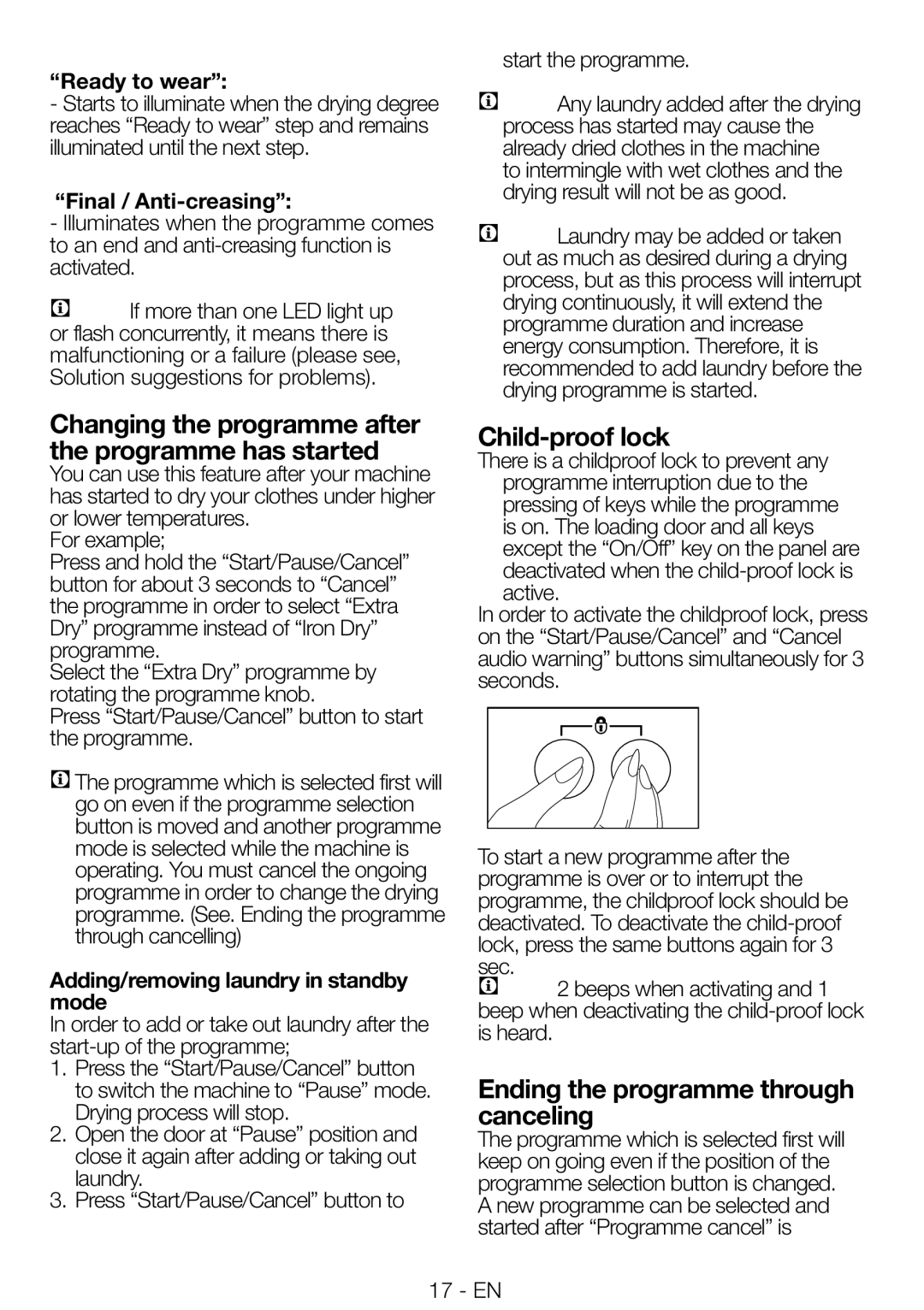 Beko DRCS 76 W, DRCS 76 S Child-proof lock, Ending the programme through canceling, Ready to wear, Final / Anti-creasing 