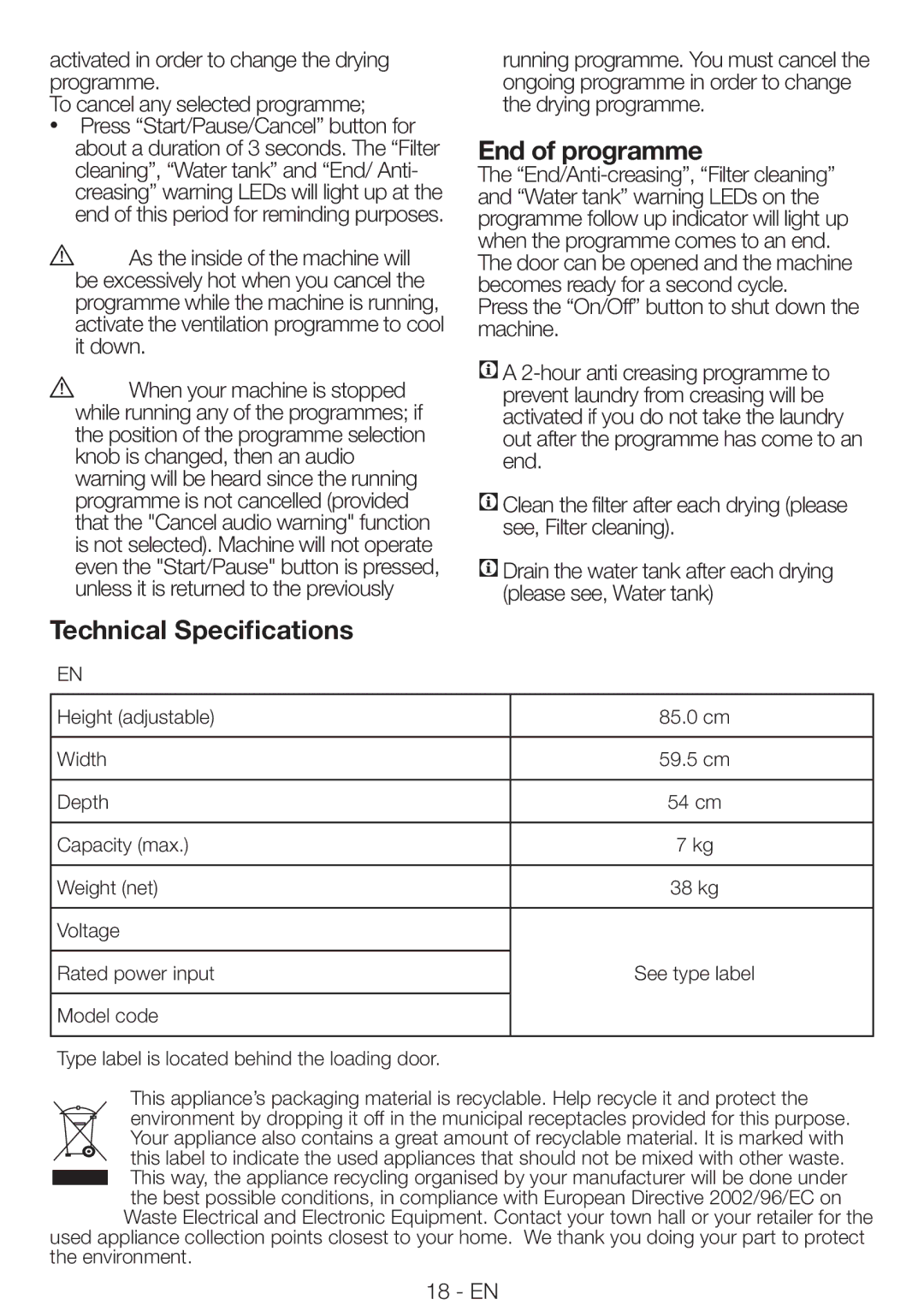 Beko DRCS 76 S, DRCS 76 W manual End of programme, Technical Specifications 