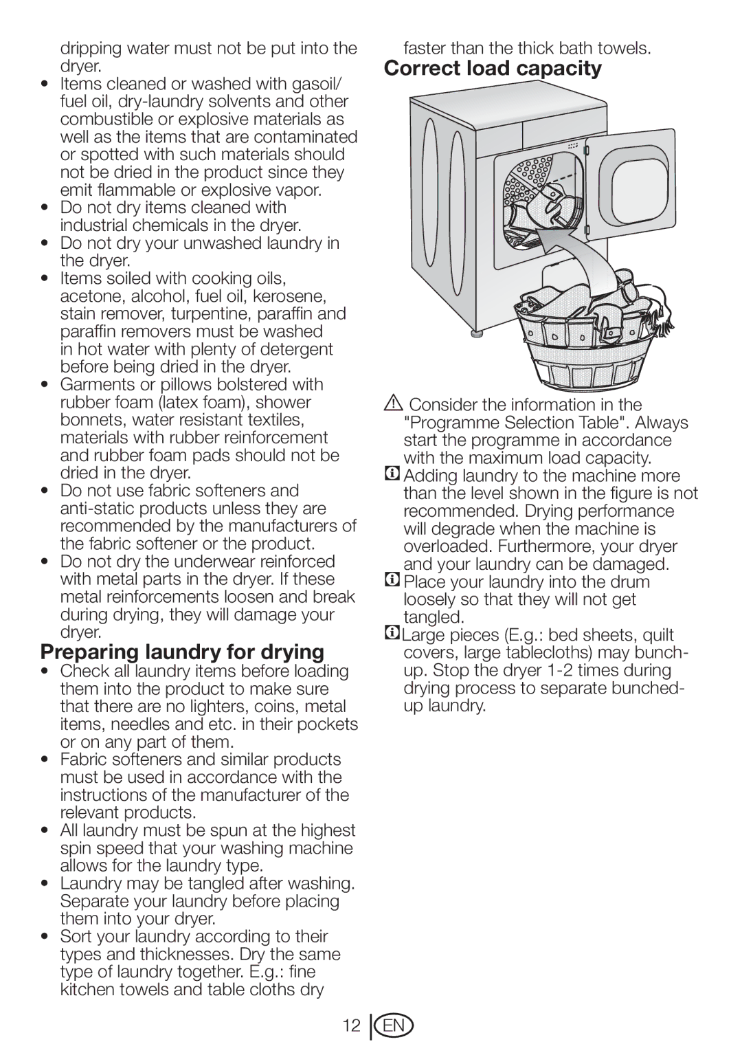 Beko DRCT 70 W manual Preparing laundry for drying, Correct load capacity 