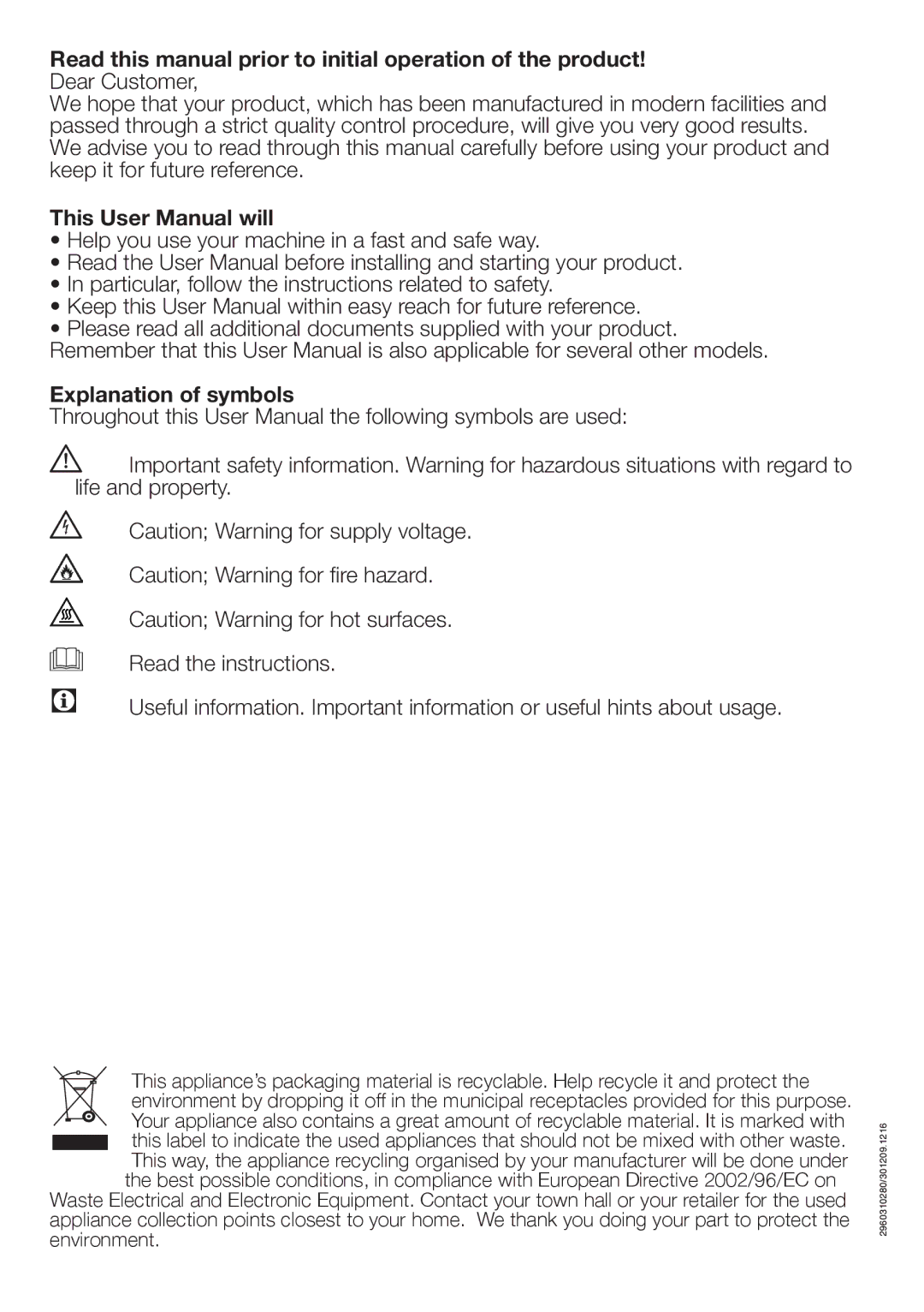 Beko DRCT 70 W Read this manual prior to initial operation of the product, Explanation of symbols 