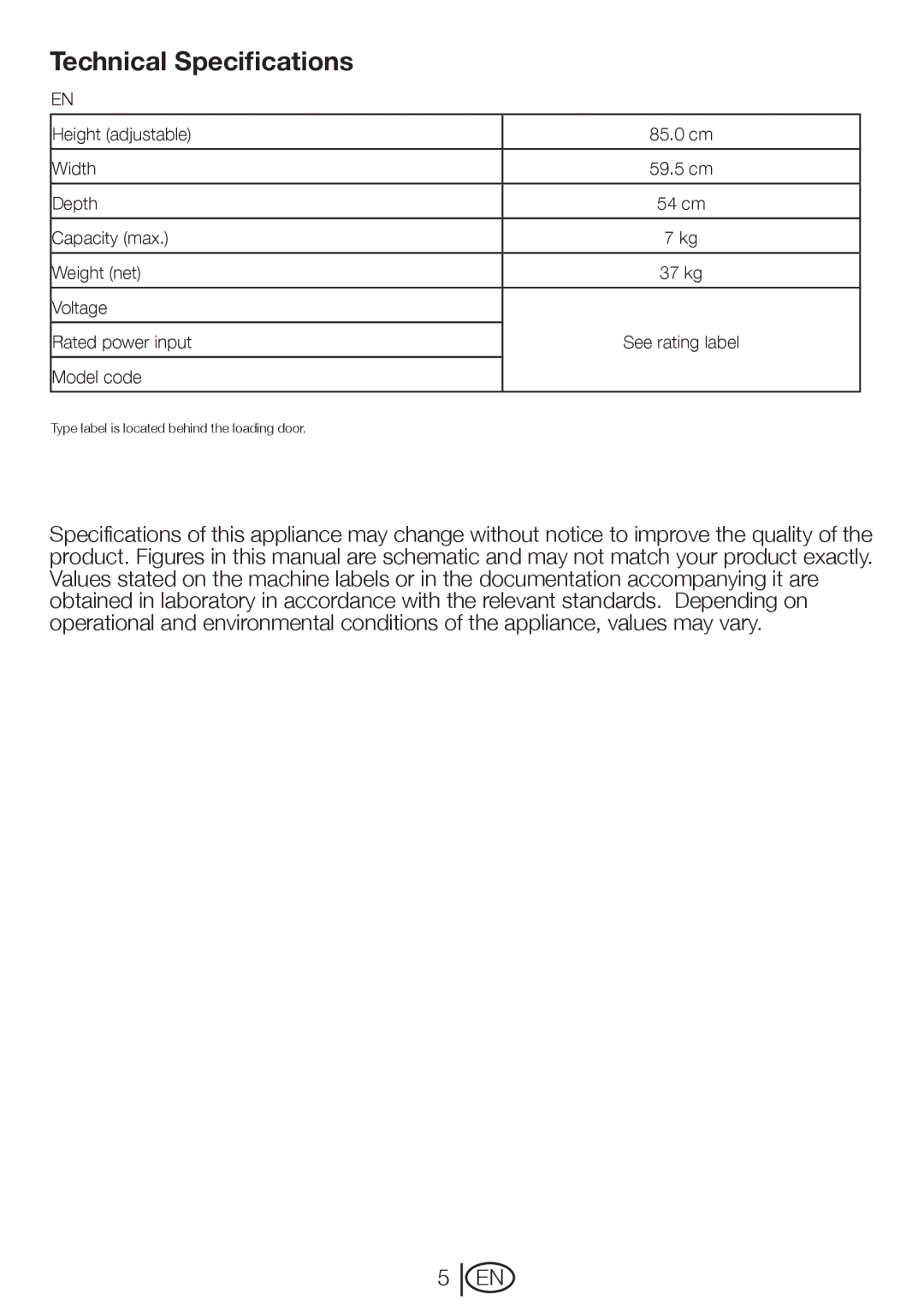 Beko DRCT 70 W manual Technical Specifications 