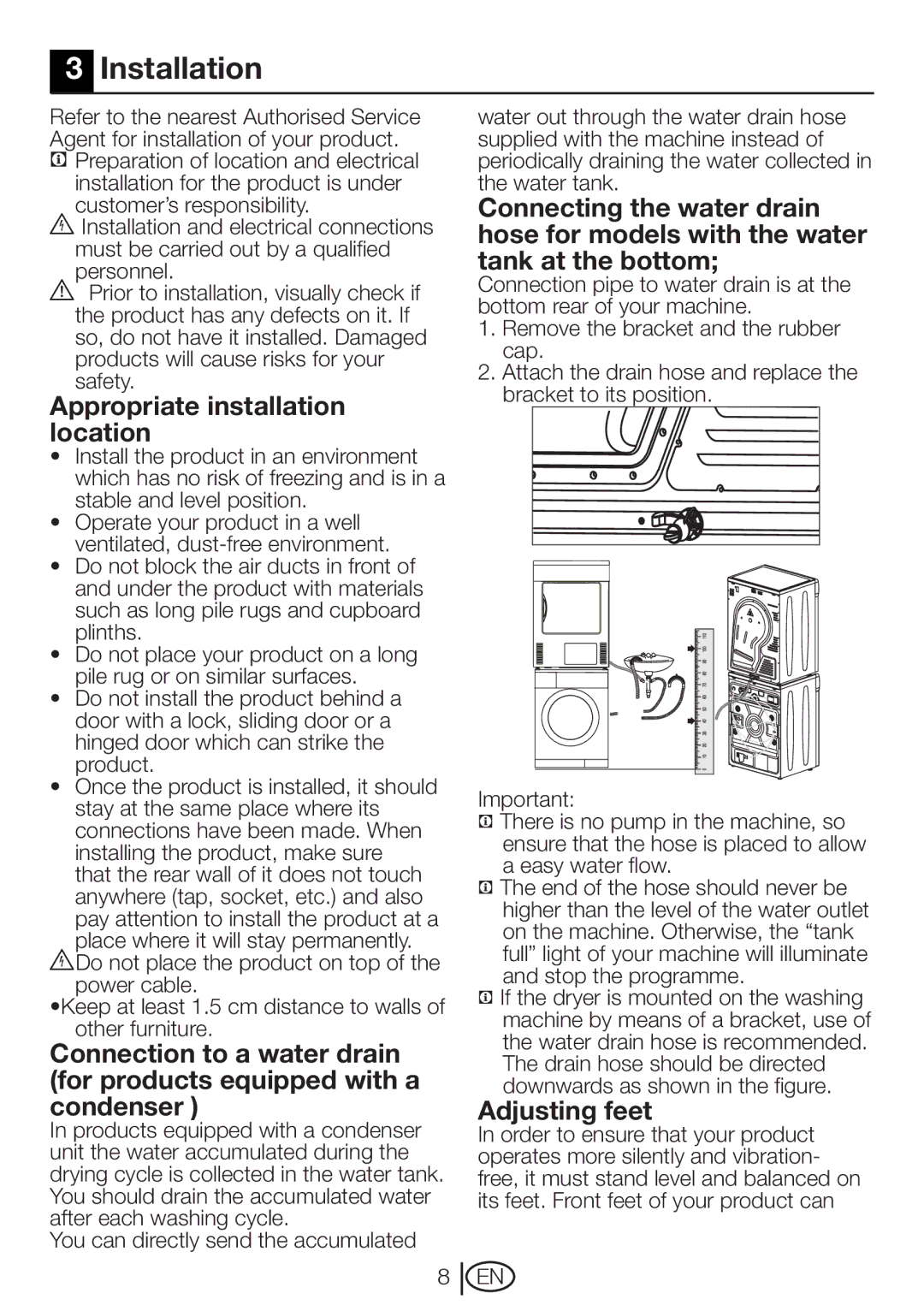 Beko DRCT 70 W manual Installation, Appropriate installation location, Adjusting feet 