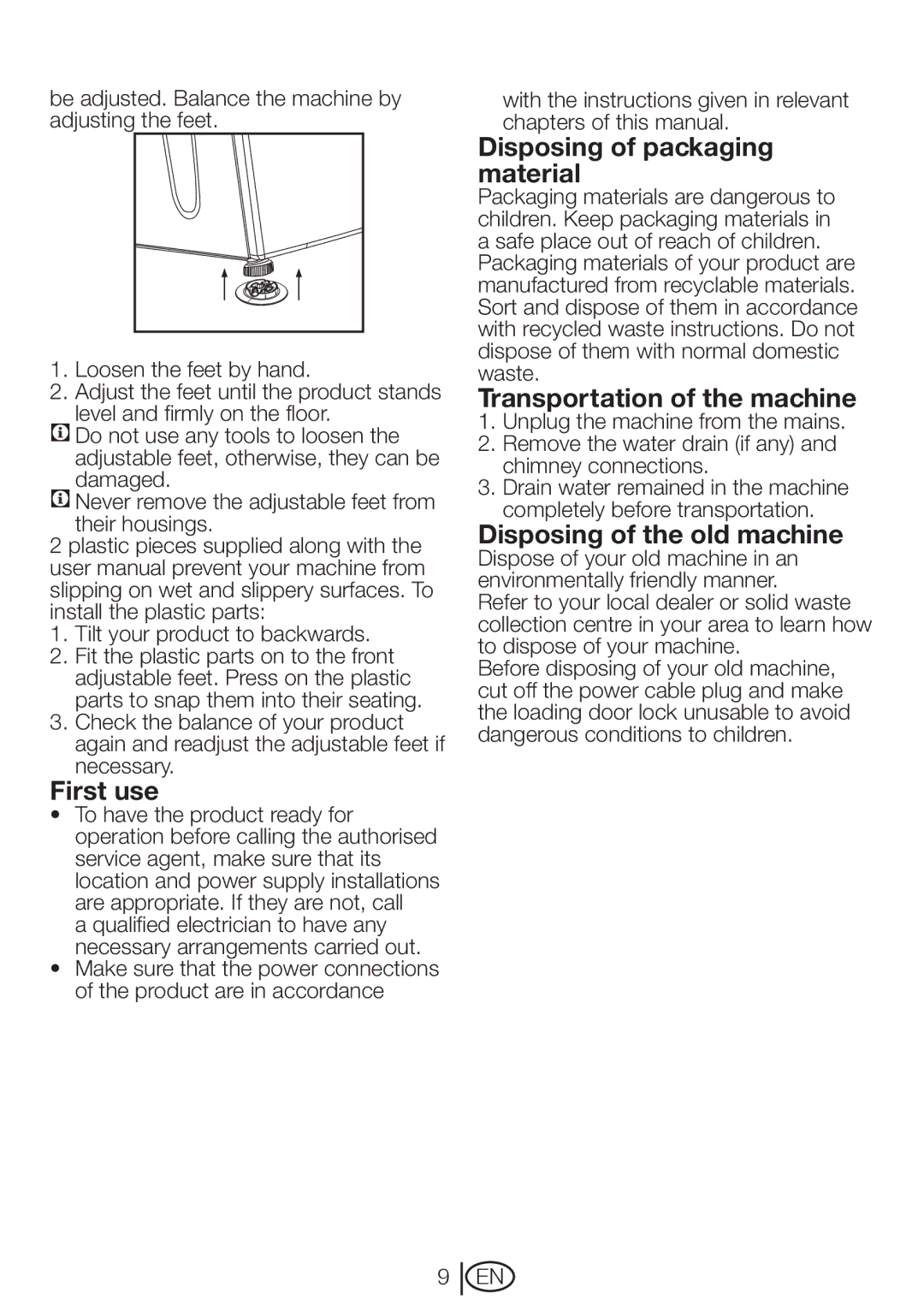 Beko DRCT 70 W First use, Disposing of packaging material, Transportation of the machine, Disposing of the old machine 