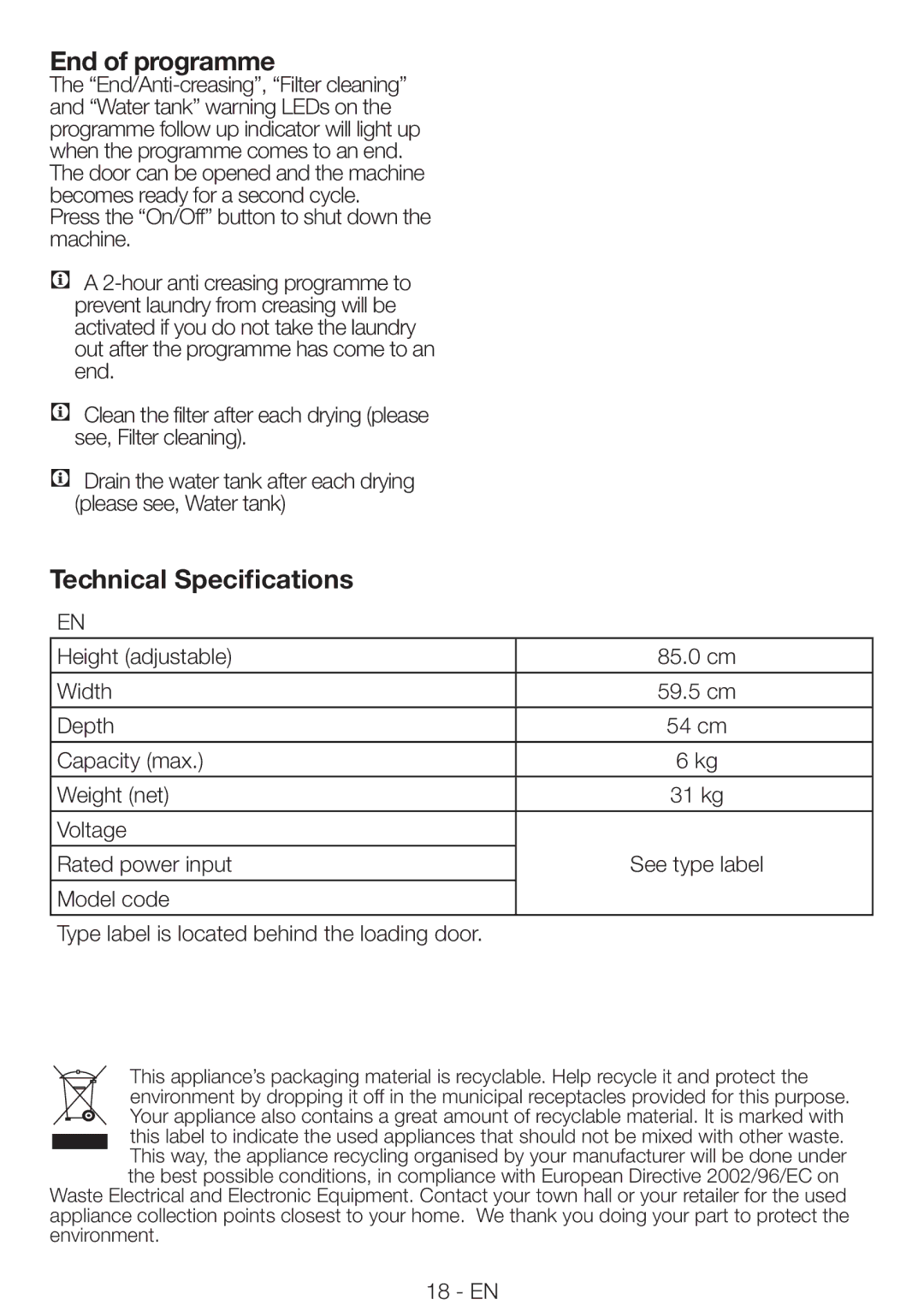 Beko DRVS 62 S, DRVS 62 W manual End of programme, Technical Specifications 