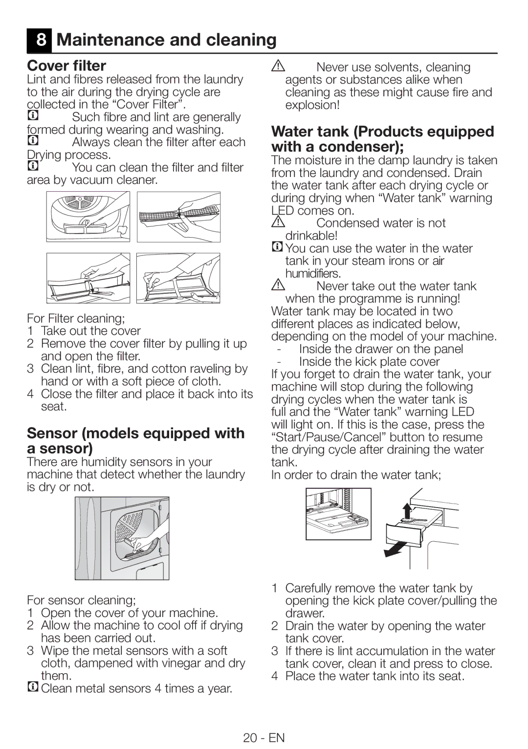 Beko DRVS 62 S, DRVS 62 W manual Maintenance and cleaning, Cover filter, Sensor models equipped with a sensor 