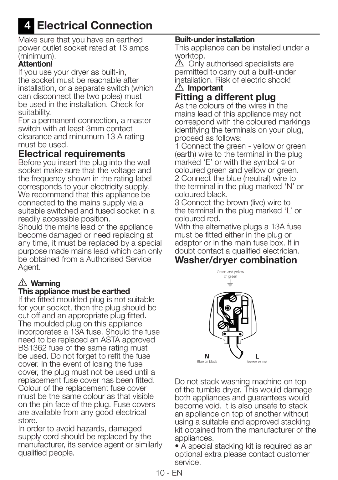 Beko DRVS 73 S manual Electrical Connection, Electrical requirements, Fitting a different plug, Washer/dryer combination 