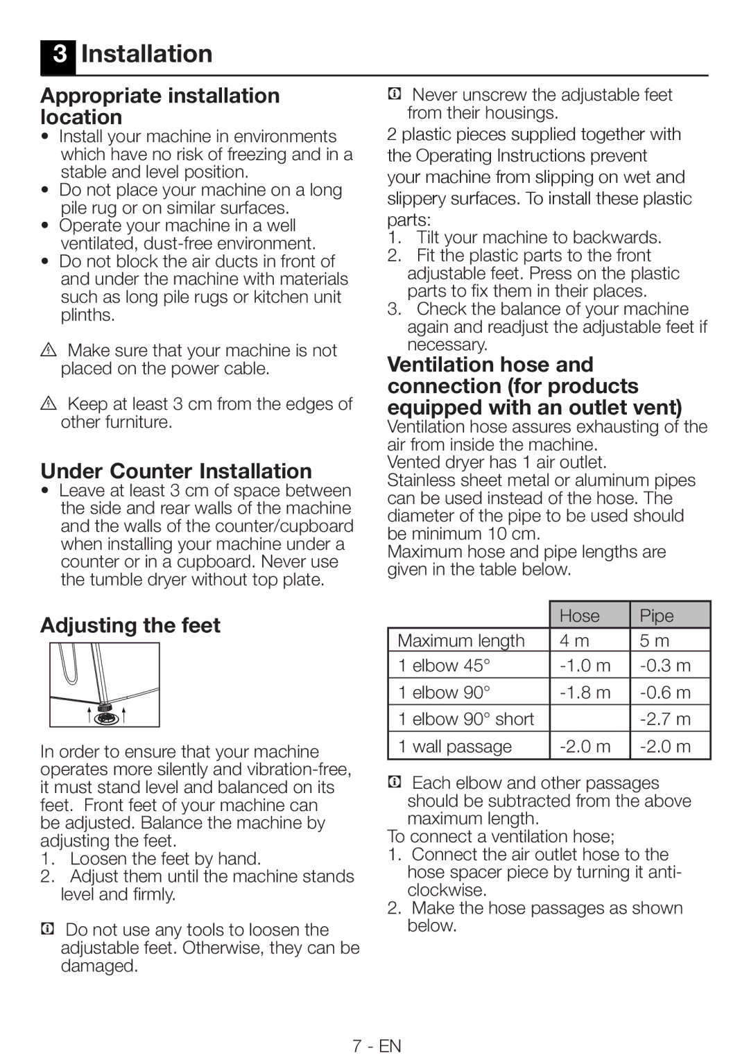 Beko DRVS 73 W, DRVS 73 S manual Appropriate installation location, Under Counter Installation, Adjusting the feet 