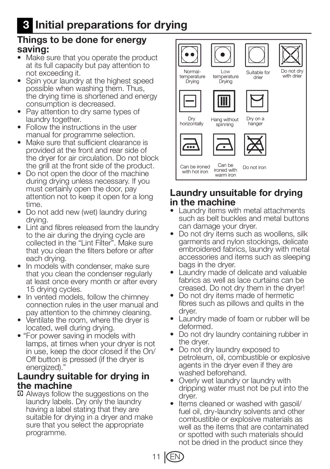 Beko DRVT 61 W manual Initial preparations for drying, Things to be done for energy saving 