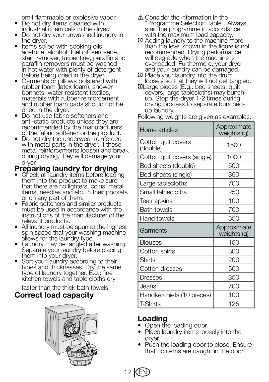 Beko DRVT 61 W manual Preparing laundry for drying, Correct load capacity, Loading 