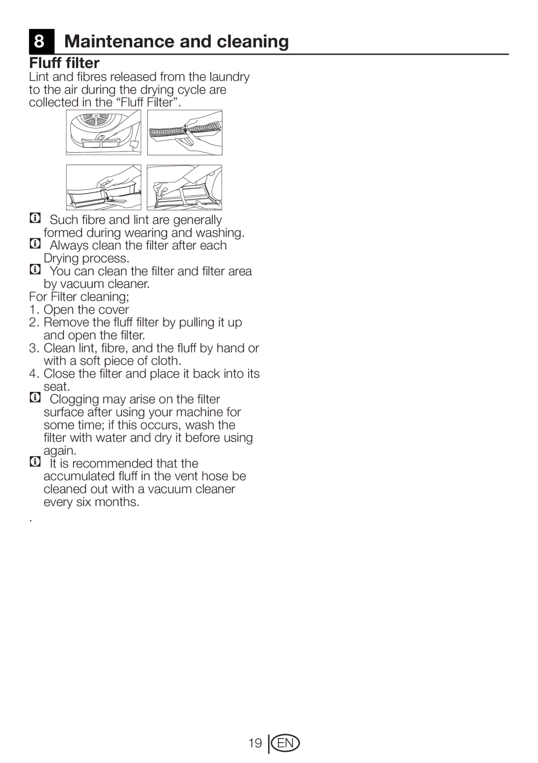 Beko DRVT 61 W manual Maintenance and cleaning, Fluff filter 