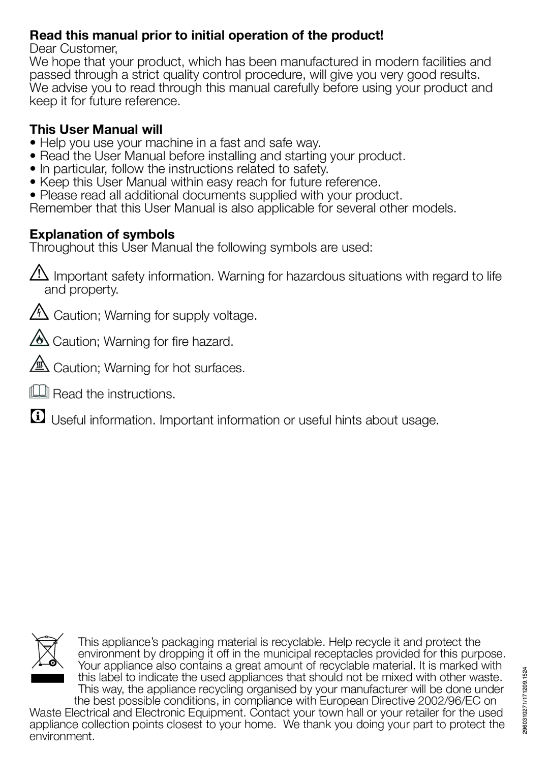 Beko DRVT 61 W Read this manual prior to initial operation of the product, Explanation of symbols 