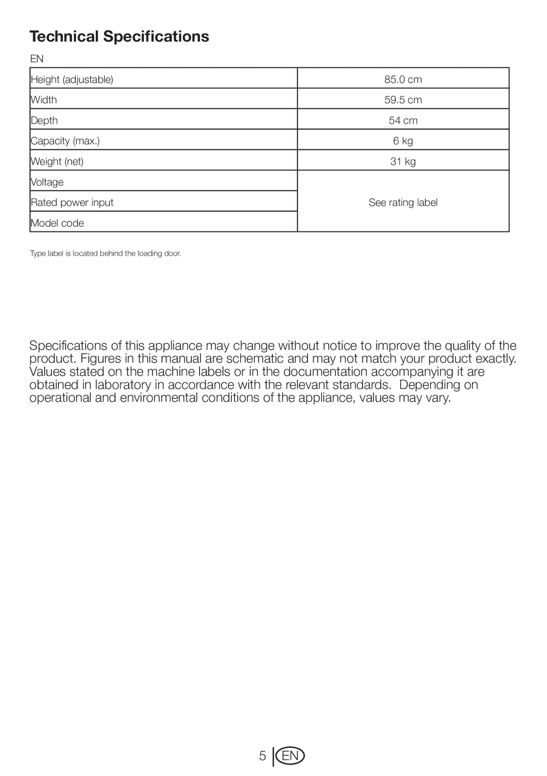 Beko DRVT 61 W manual Technical Specifications 