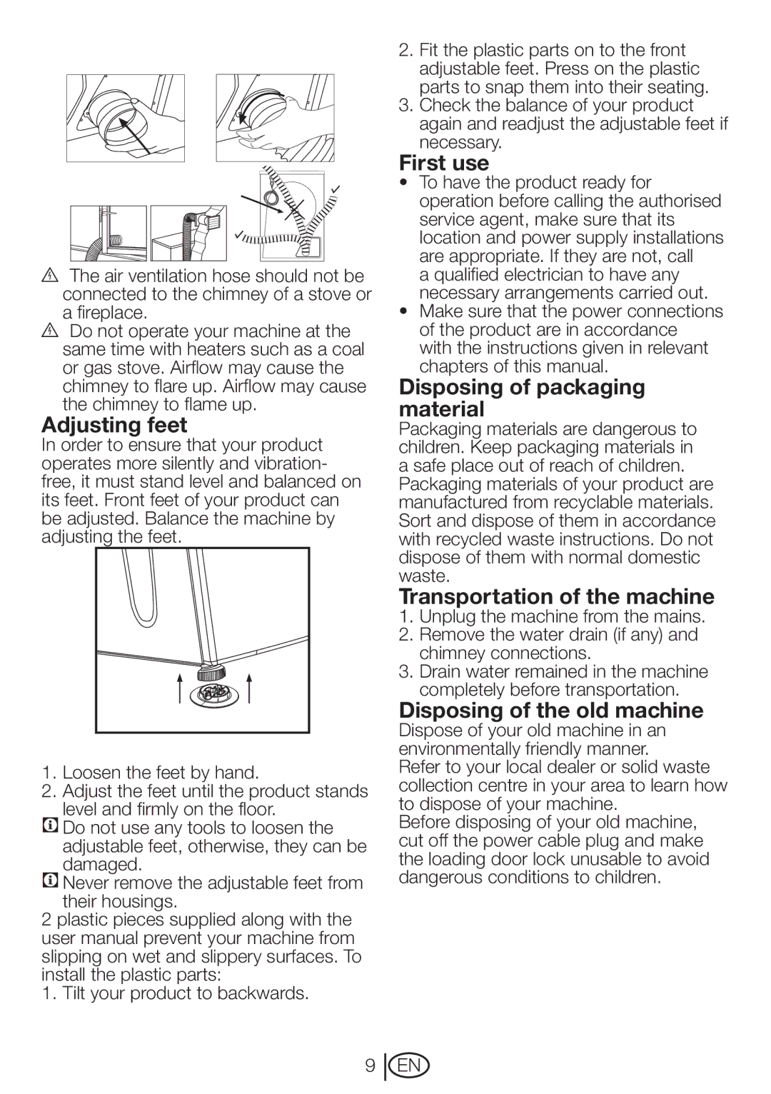 Beko DRVT 61 W manual Adjusting feet, First use, Disposing of packaging material, Transportation of the machine 