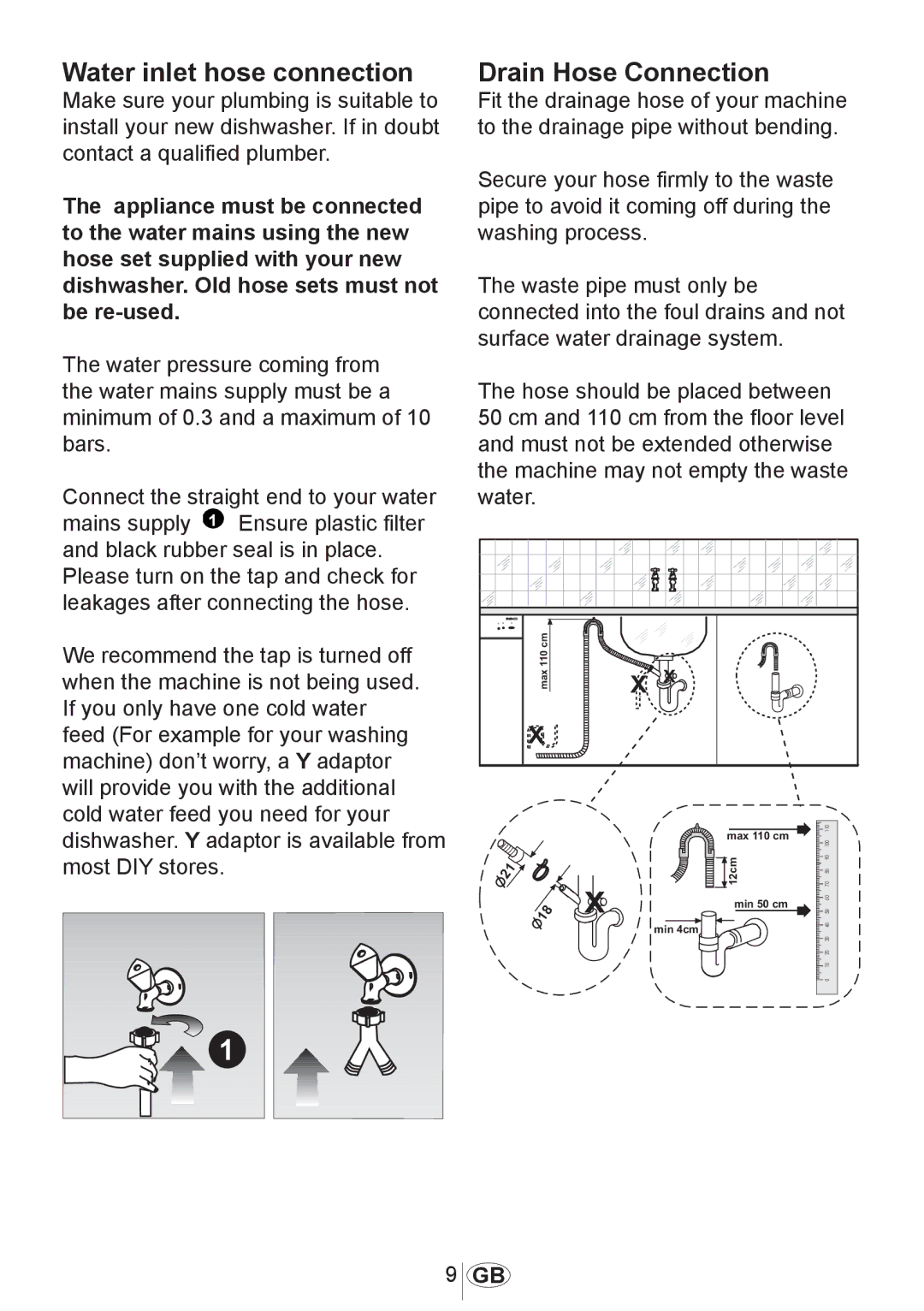 Beko DSFN 1532 manual Water inlet hose connection, Drain Hose Connection 