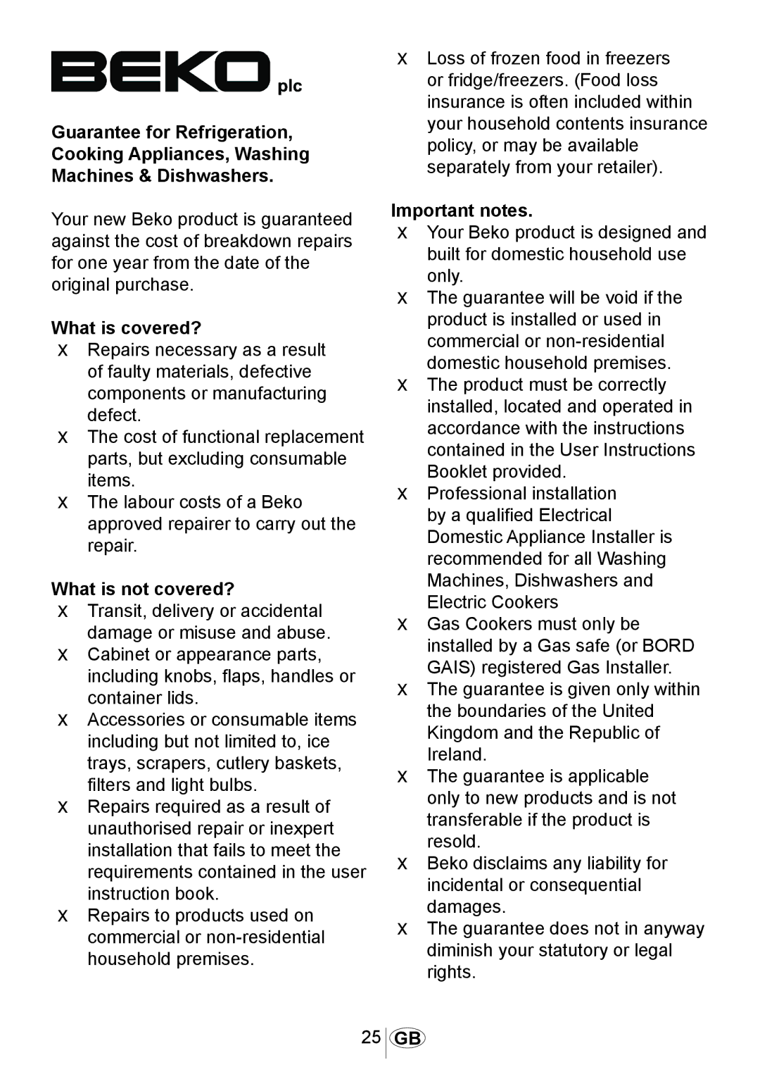 Beko DSFN 1532 manual What is covered?, What is not covered?, Important notes 