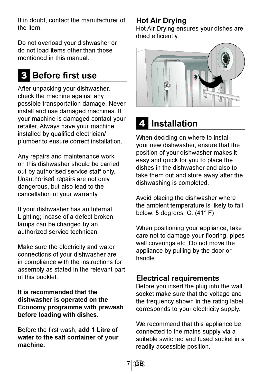 Beko DSFN 1532 manual Before first use, Installation, Hot Air Drying, Electrical requirements 