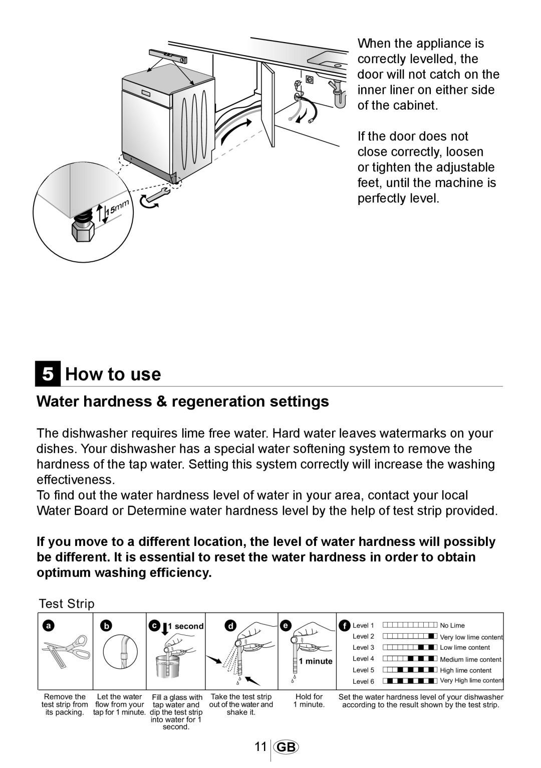 Beko DSFN 1532 manual 5How to use, Water hardness & regeneration settings 
