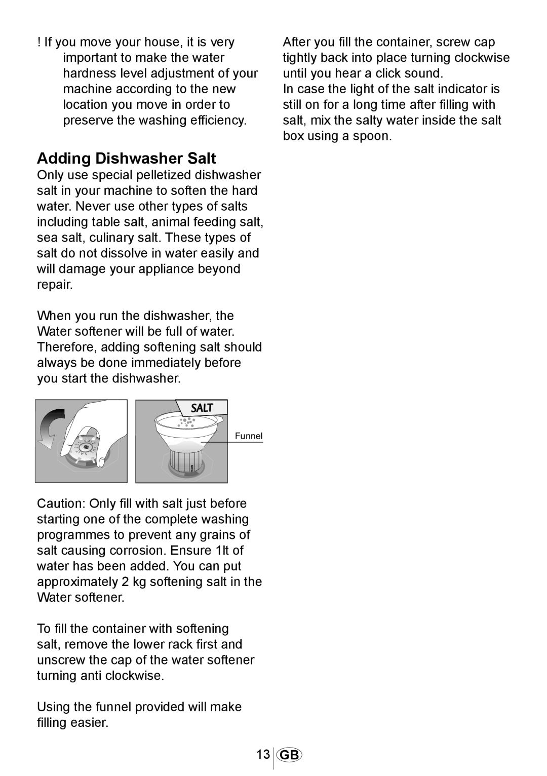 Beko DSFN 1532 manual Adding Dishwasher Salt 