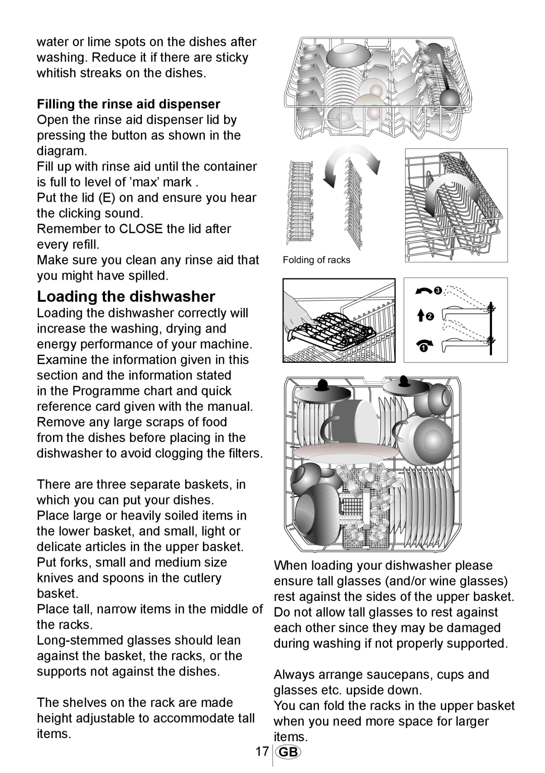 Beko DSFN 1532 manual Loading the dishwasher, Filling the rinse aid dispenser 