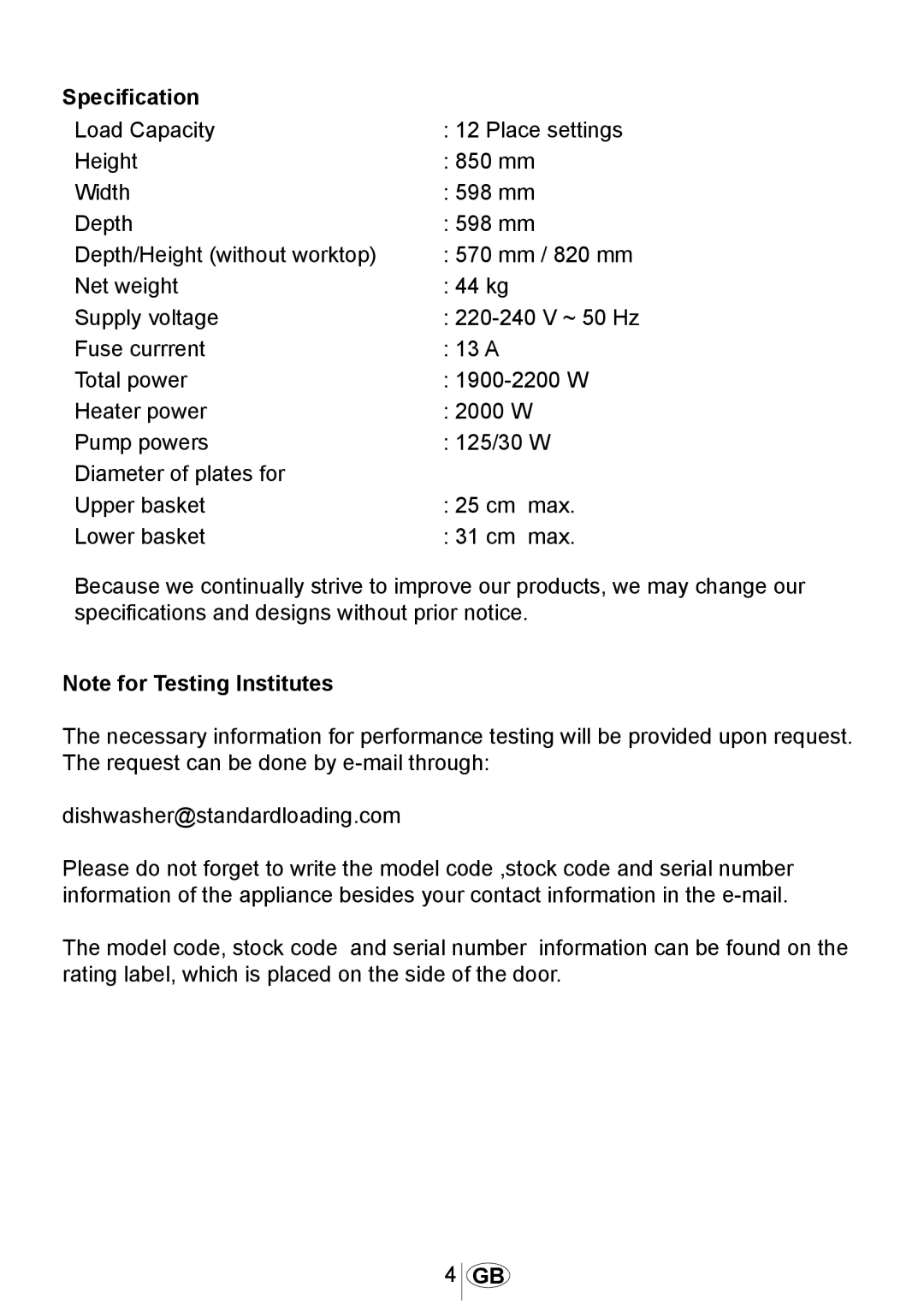 Beko DSFN 1532 manual Specification, Note for Testing Institutes 