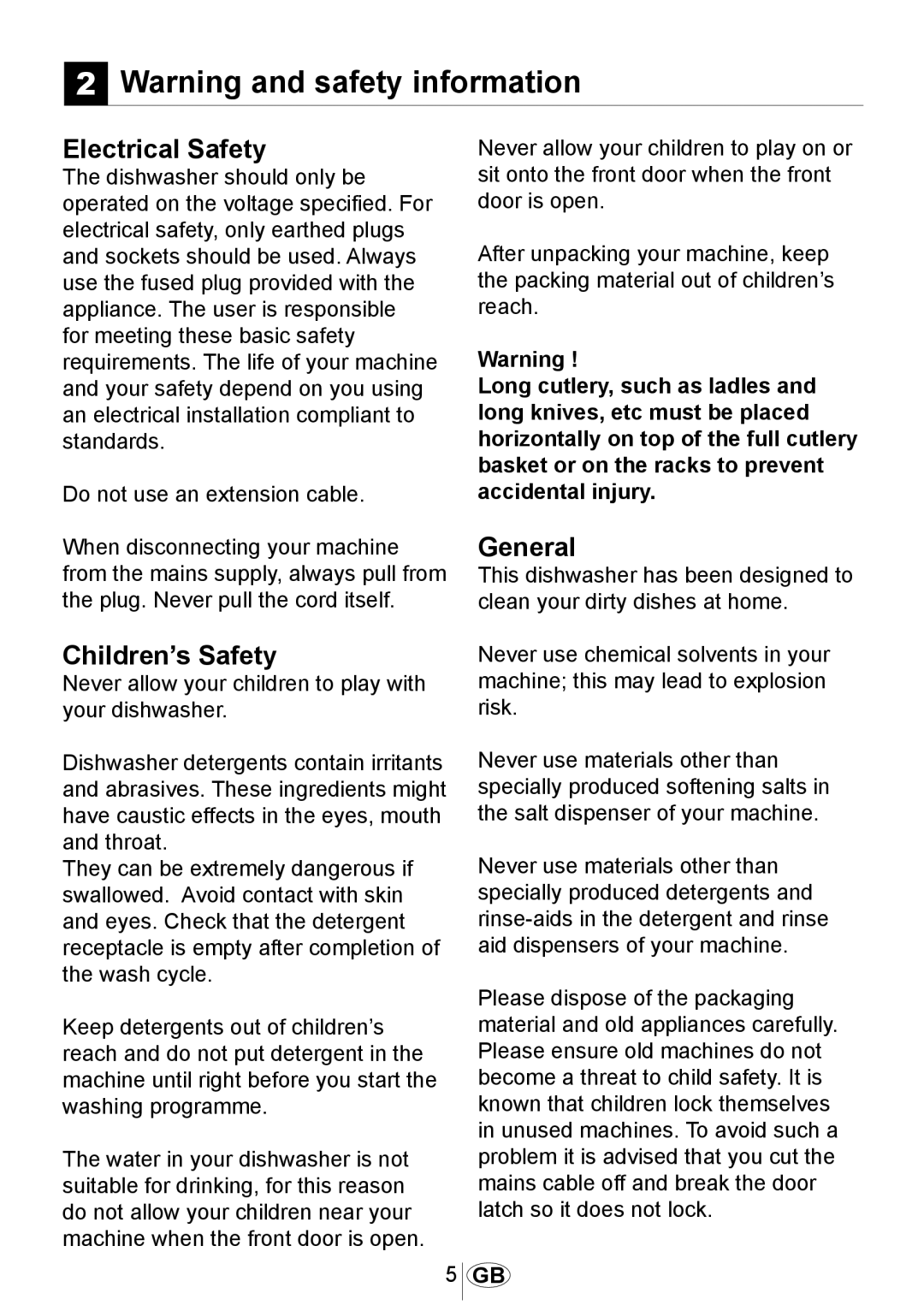 Beko DSFN 1532 manual 2Warning and safety information, Electrical Safety, Children’s Safety, General 
