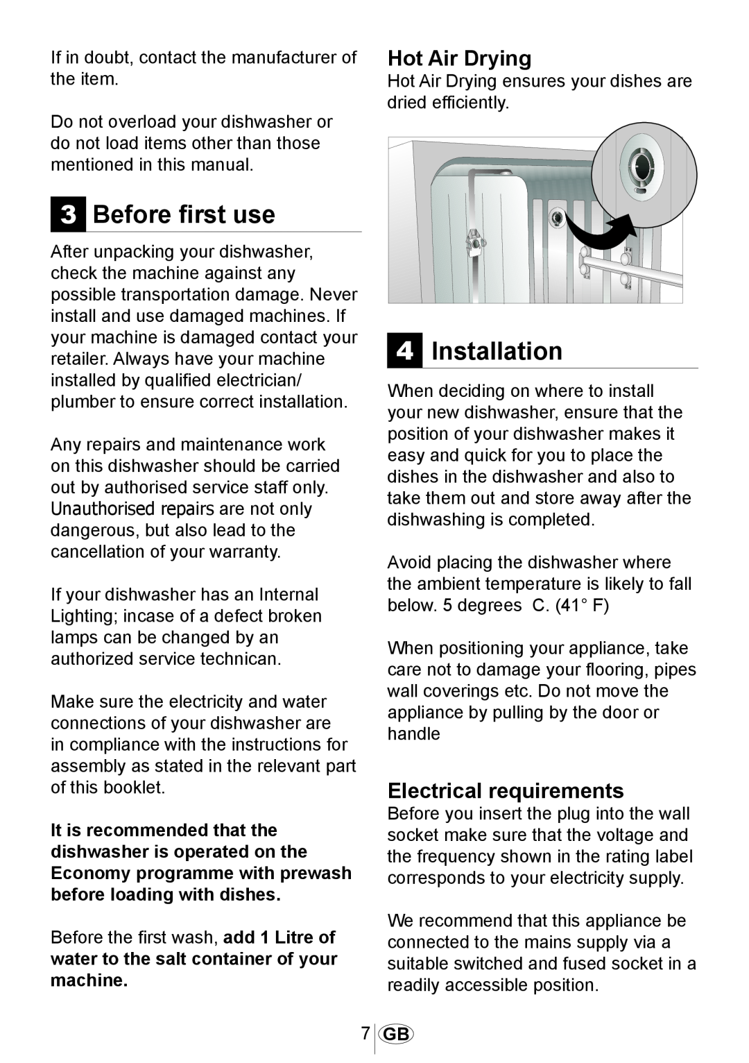 Beko DSFN 1532 manual 3Before first use, 4Installation, Hot Air Drying, Electrical requirements 