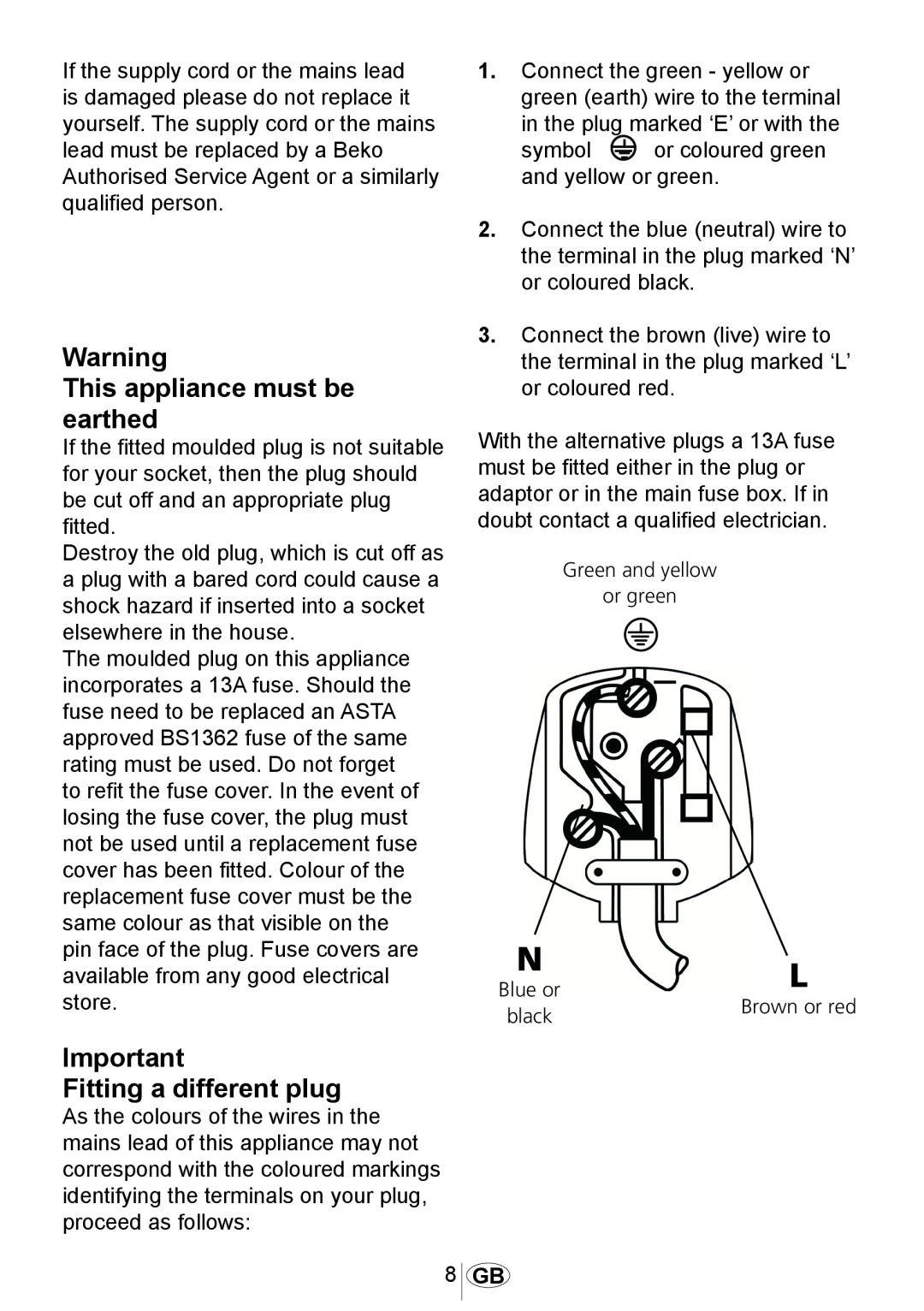 Beko DSFN 1532 manual This appliance must be earthed, Fitting a different plug 