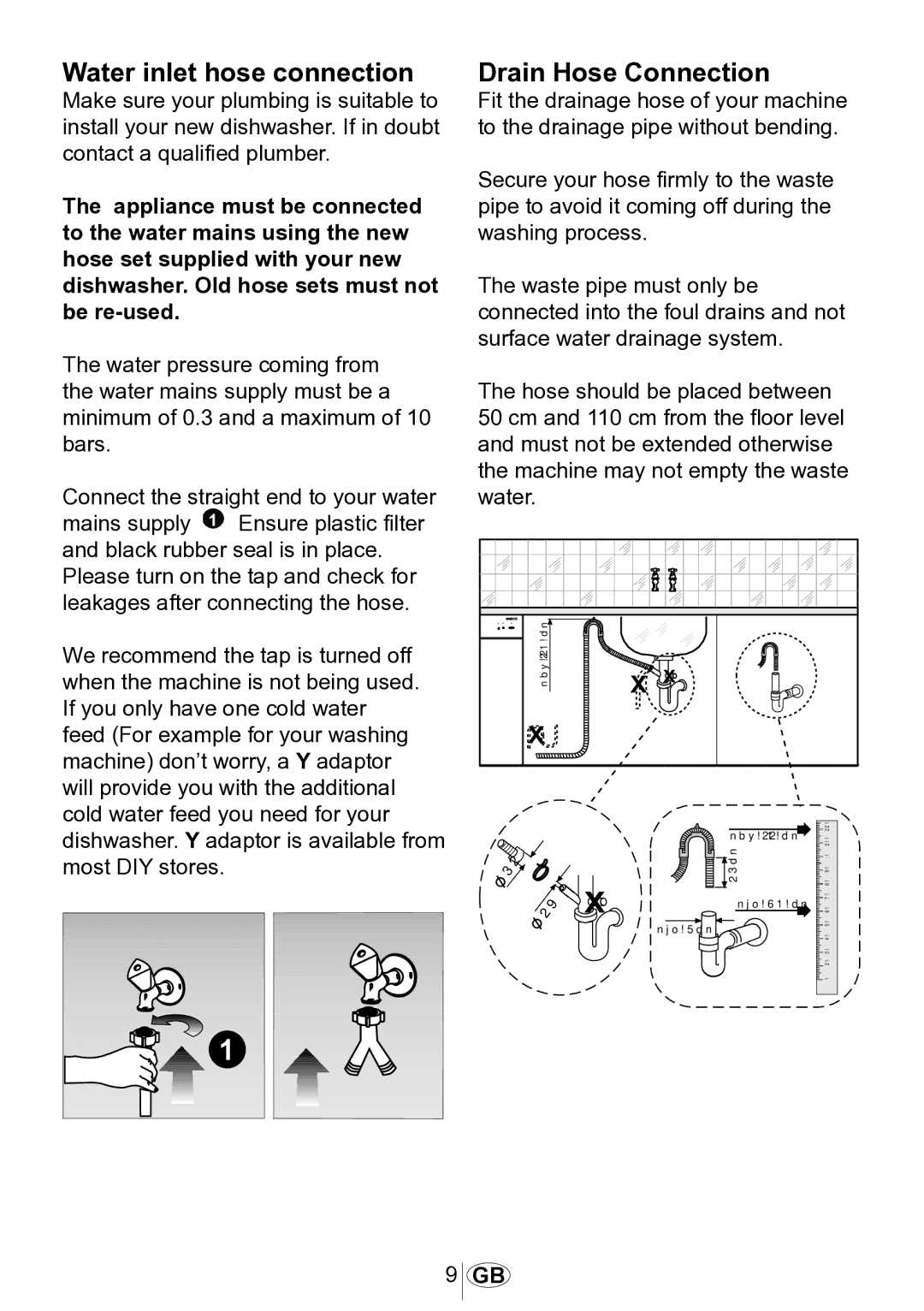 Beko DSFN 6830 manual Water inlet hose connection, Drain Hose Connection 