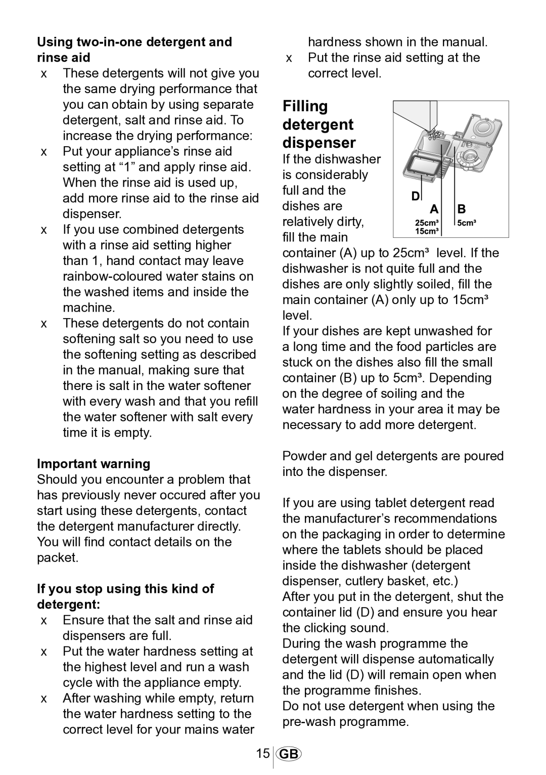 Beko DSFN 6830 manual Filling detergent dispenser, Using two-in-one detergent and rinse aid, Important warning 