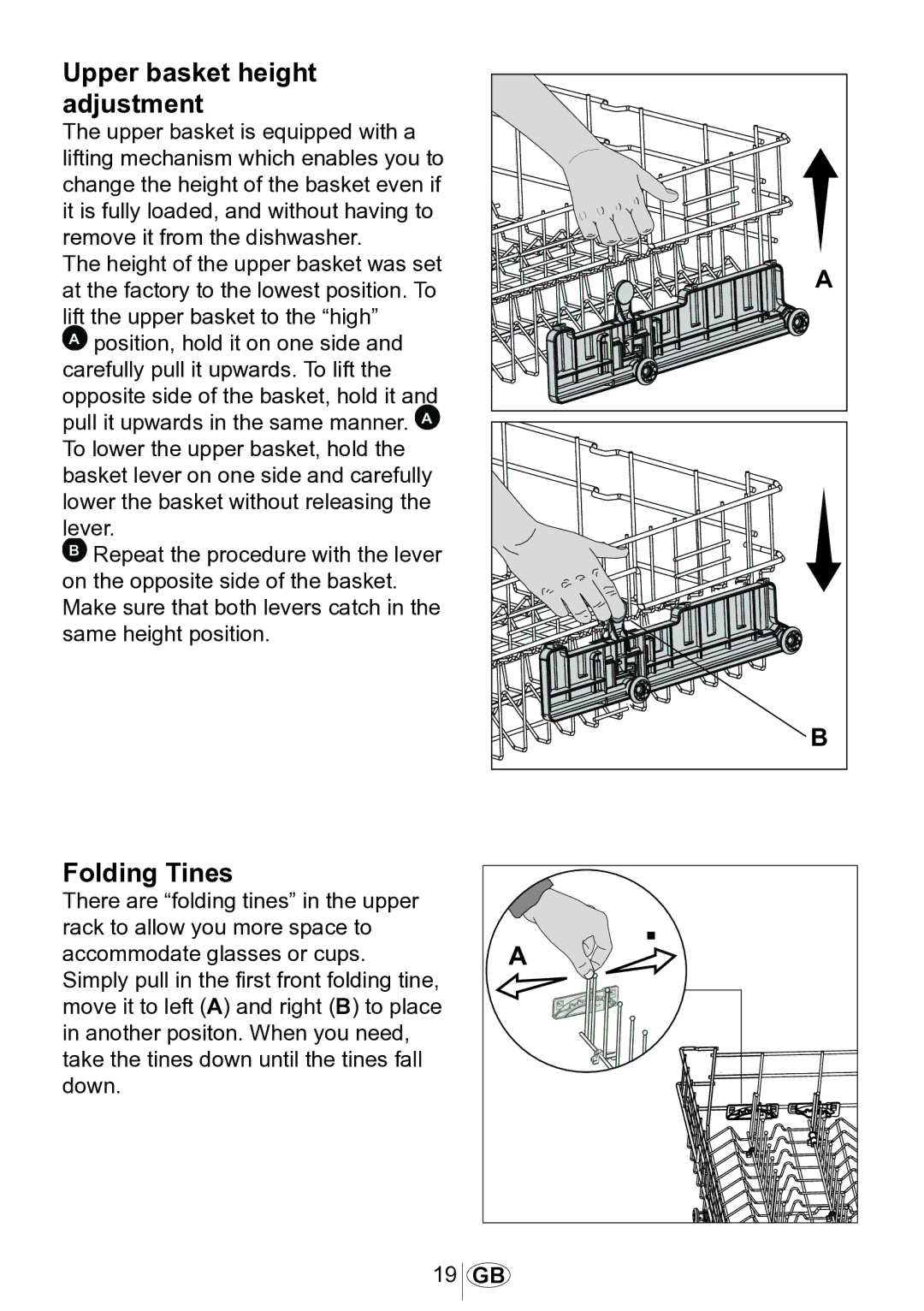 Beko DSFN 6830 manual Upper basket height adjustment, Folding Tines 