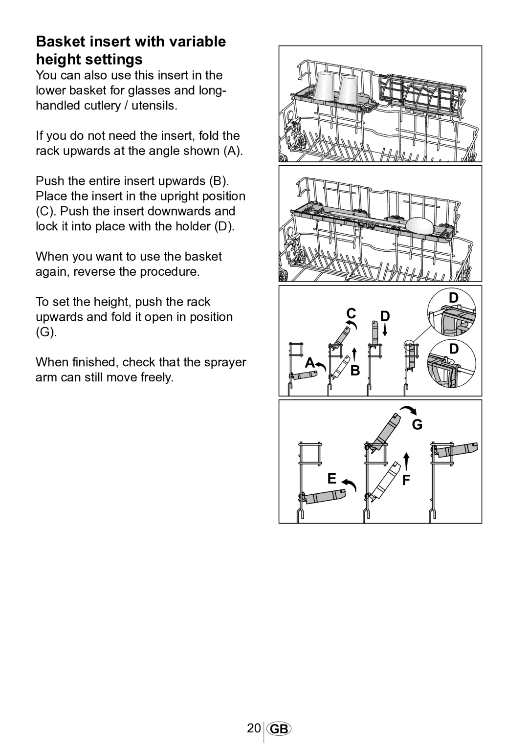 Beko DSFN 6830 manual Basket insert with variable height settings 