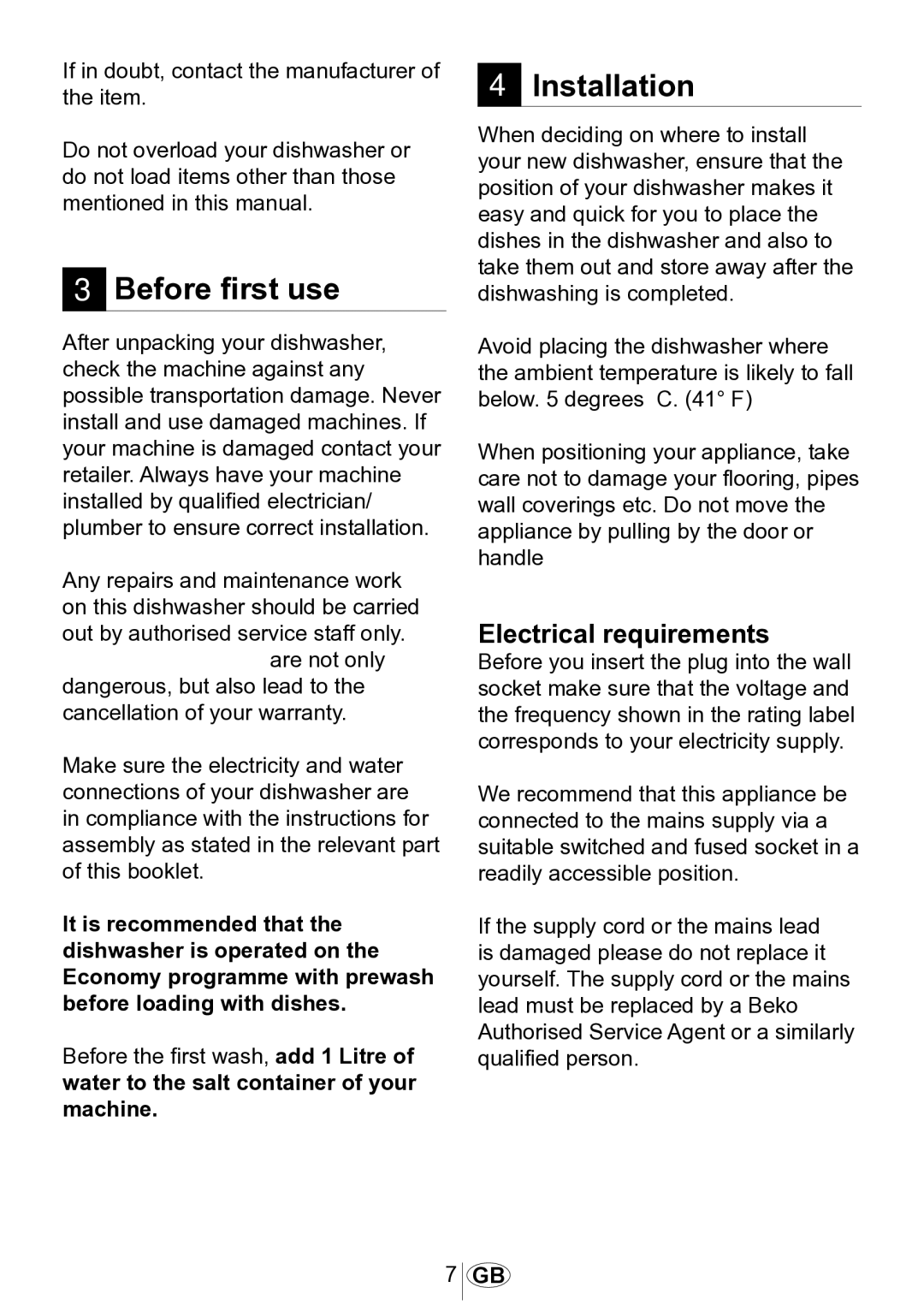 Beko DSFN 6830 manual Before first use, Installation, Electrical requirements 