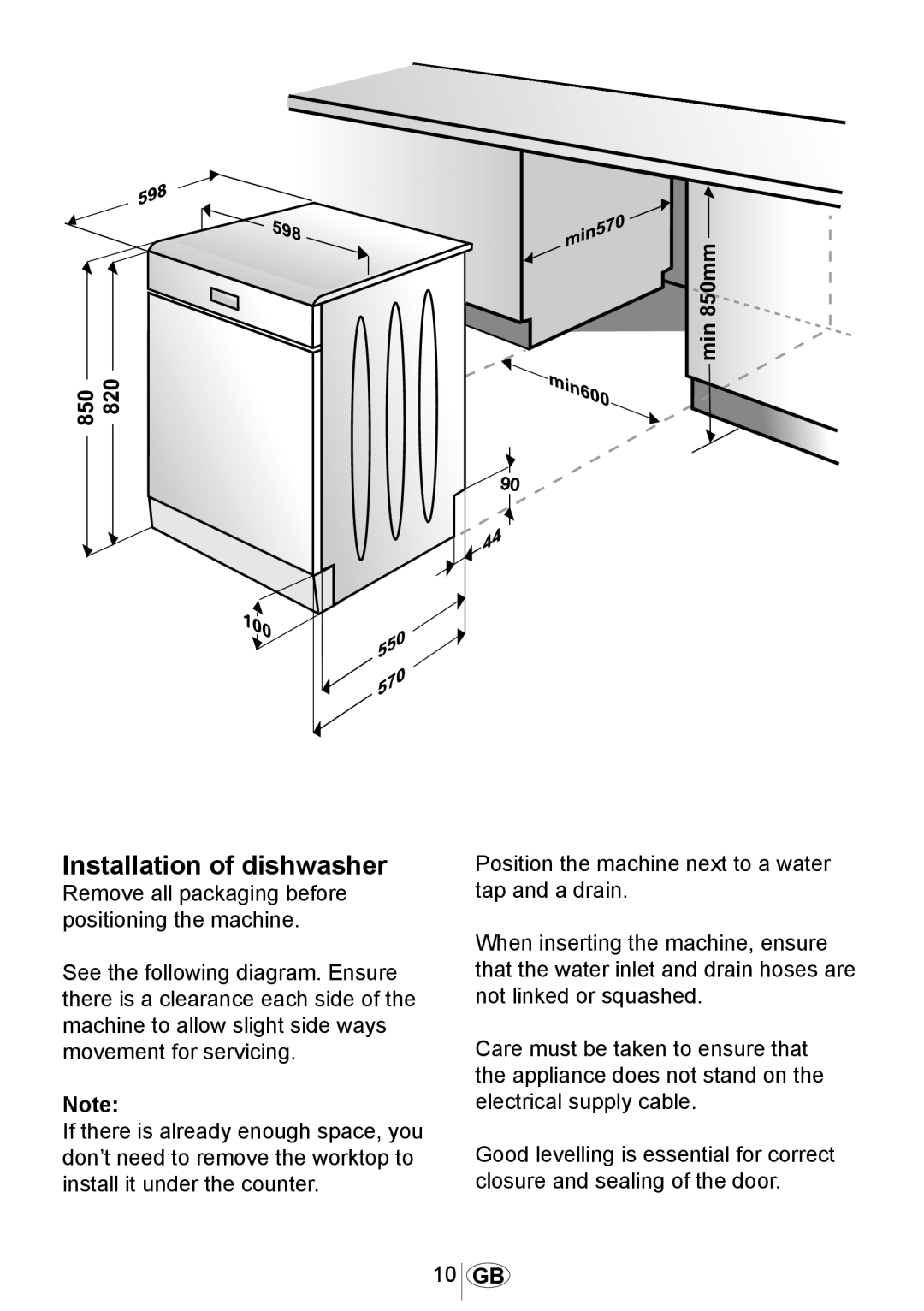Beko DSFN 6830 manual Installation of dishwasher 