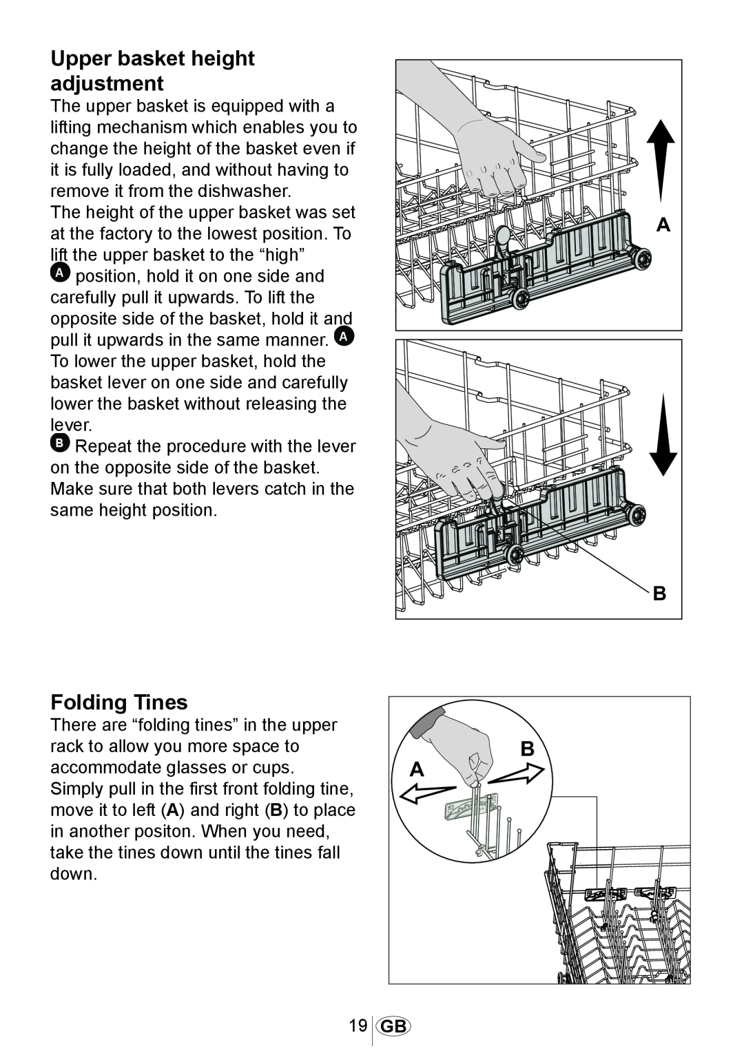 Beko DSFN 6830 manual Upper basket height adjustment, Folding Tines 