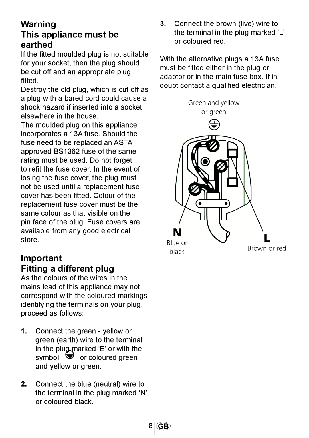 Beko DSFN 6839 W manual This appliance must be earthed, Fitting a different plug 