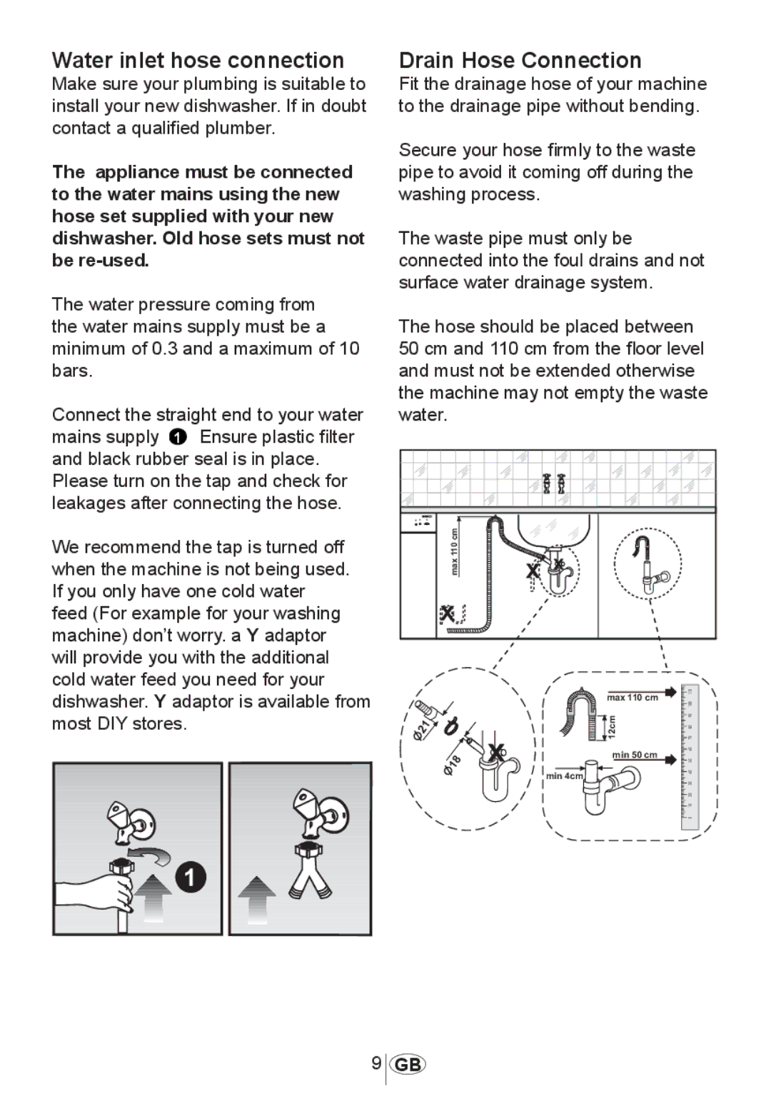 Beko DSFN1530 manual Water inlet hose connection, Drain Hose Connection 