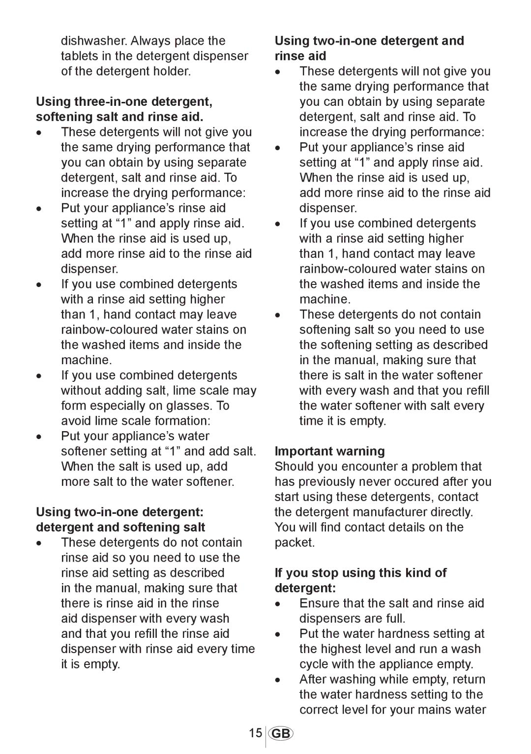 Beko DSFN1530 manual Using three-in-one detergent, softening salt and rinse aid, Using two-in-one detergent and rinse aid 