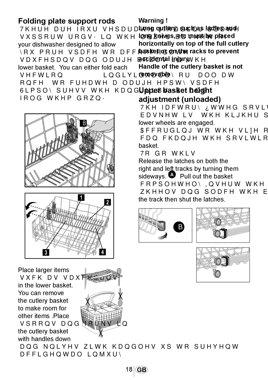 Beko DSFN1530 manual Folding plate support rods, Upper basket height adjustment unloaded 