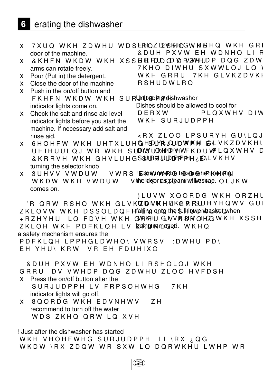 Beko DSFN1530 manual Operating the dishwasher, Unloading dishwasher 