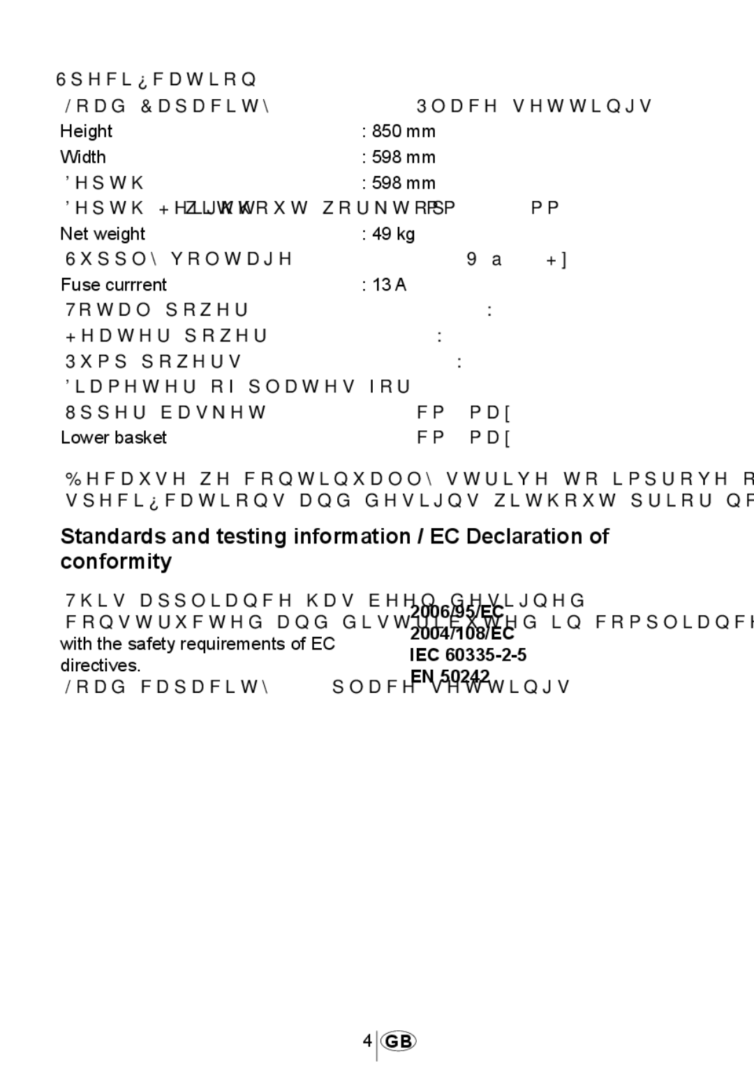 Beko DSFN1530 manual Specification, 2006/95/EC 2004/108/EC IEC 60335-2-5 EN 