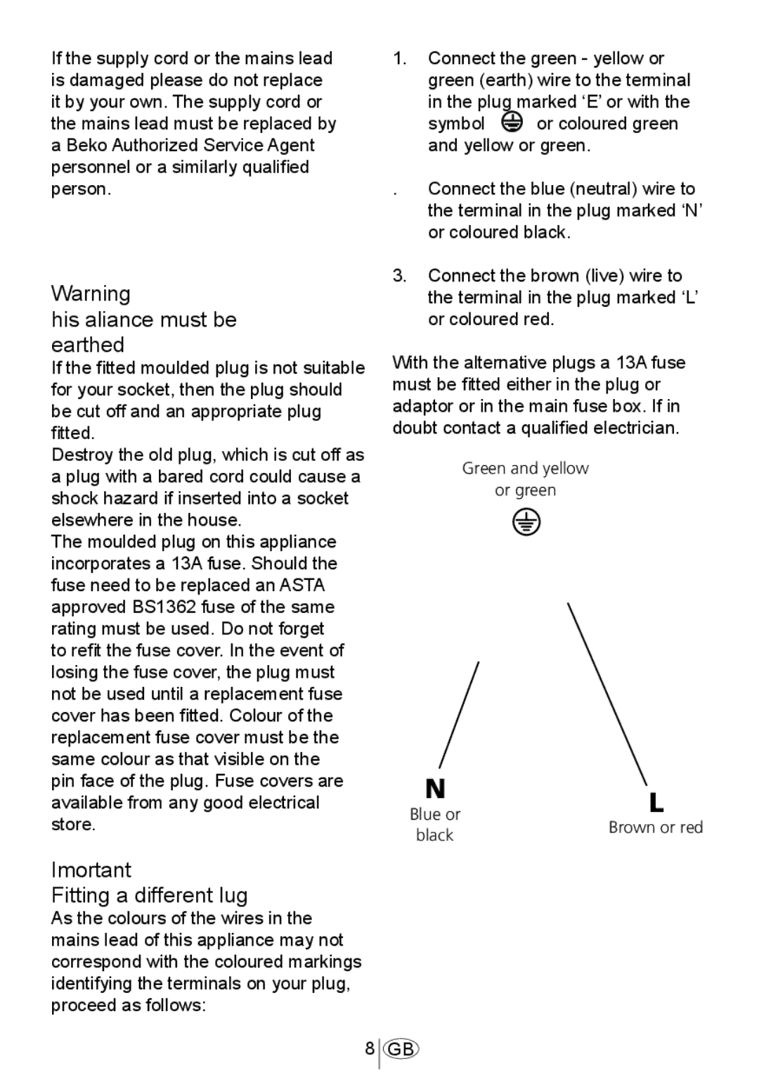 Beko DSFN1530 manual This appliance must be earthed, Fitting a different plug 