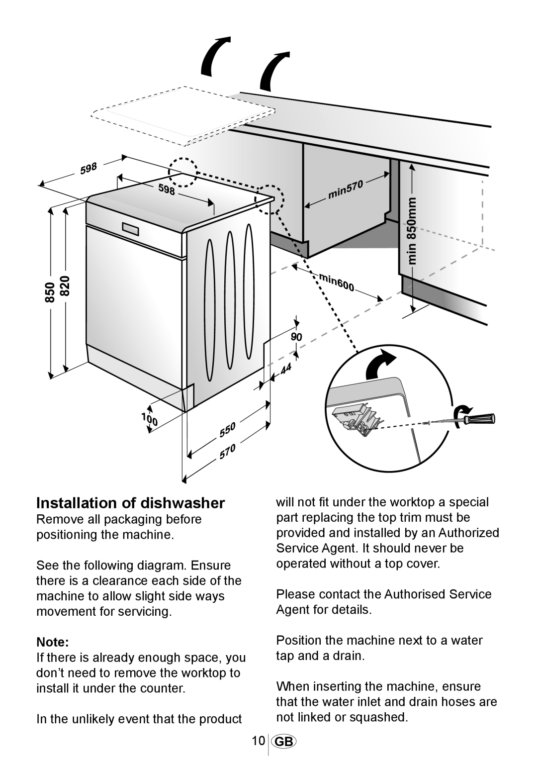 Beko DSFN1530 manual Installation of dishwasher 