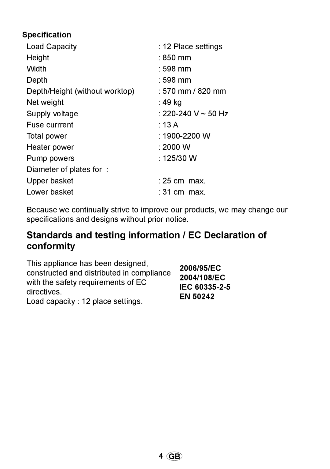 Beko DSFN1530 manual Standards and testing information / EC Declaration of conformity, Specification 