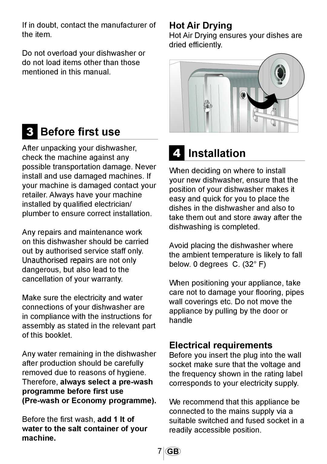 Beko DSFN1530 manual Before first use, Installation, Hot Air Drying, Electrical requirements 