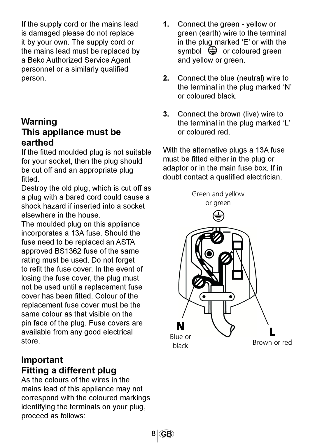 Beko DSFN1530 manual This appliance must be earthed, Fitting a different plug 