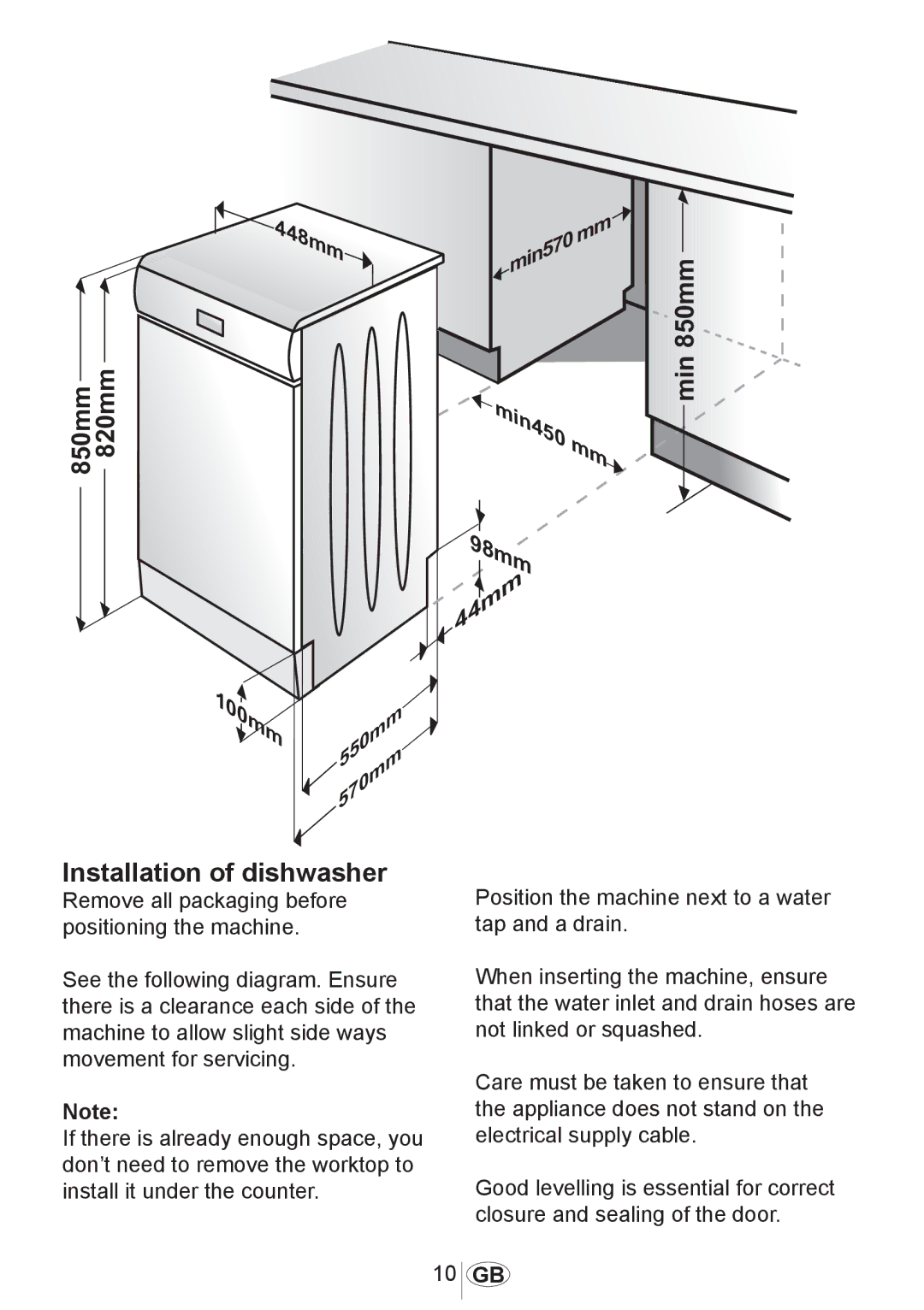 Beko dsfs 1531 w manual Installation of dishwasher 