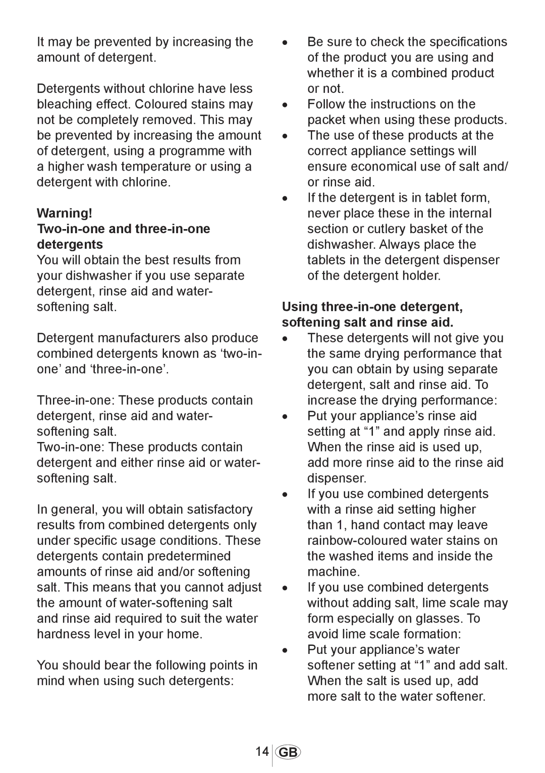 Beko dsfs 1531 w manual Two-in-one and three-in-one detergents, Using three-in-one detergent, softening salt and rinse aid 