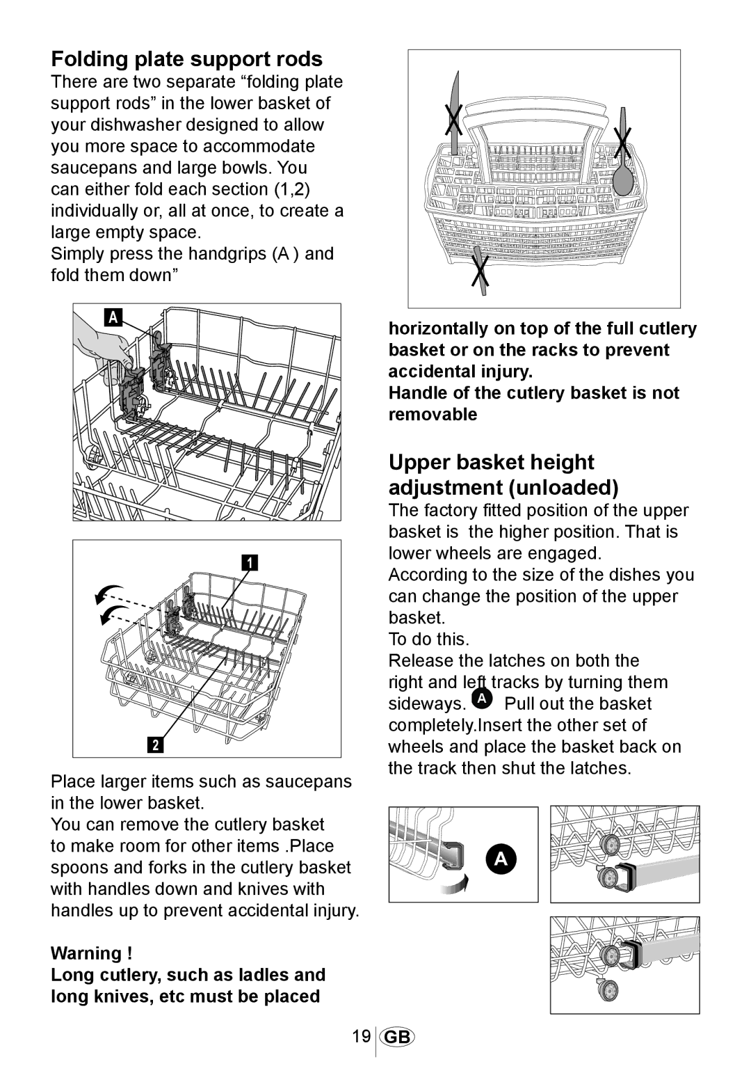 Beko dsfs 1531 w manual Folding plate support rods, Upper basket height adjustment unloaded 